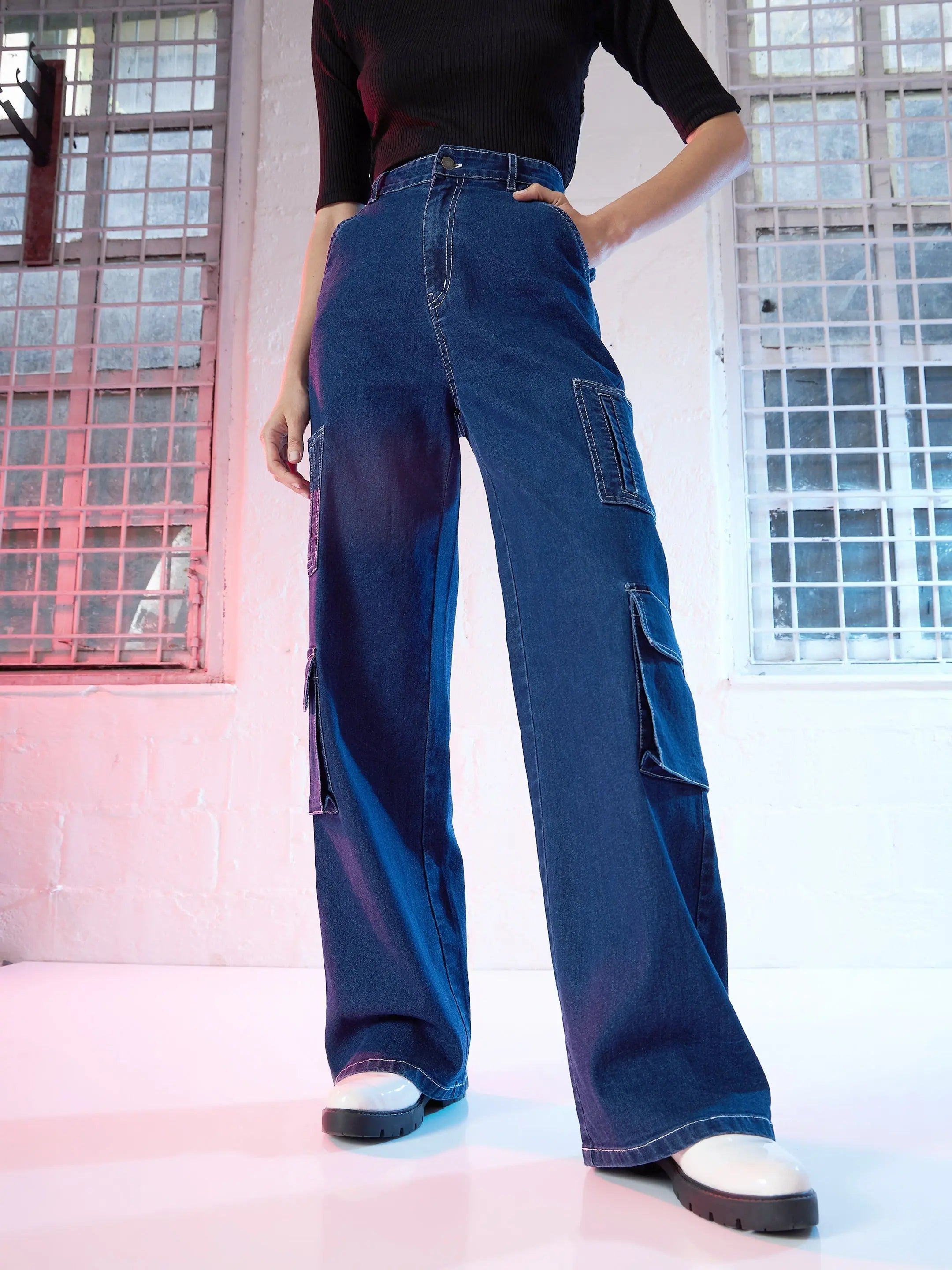 Women's Blue Contrast Stitch Straight Fit Cargo Jeans