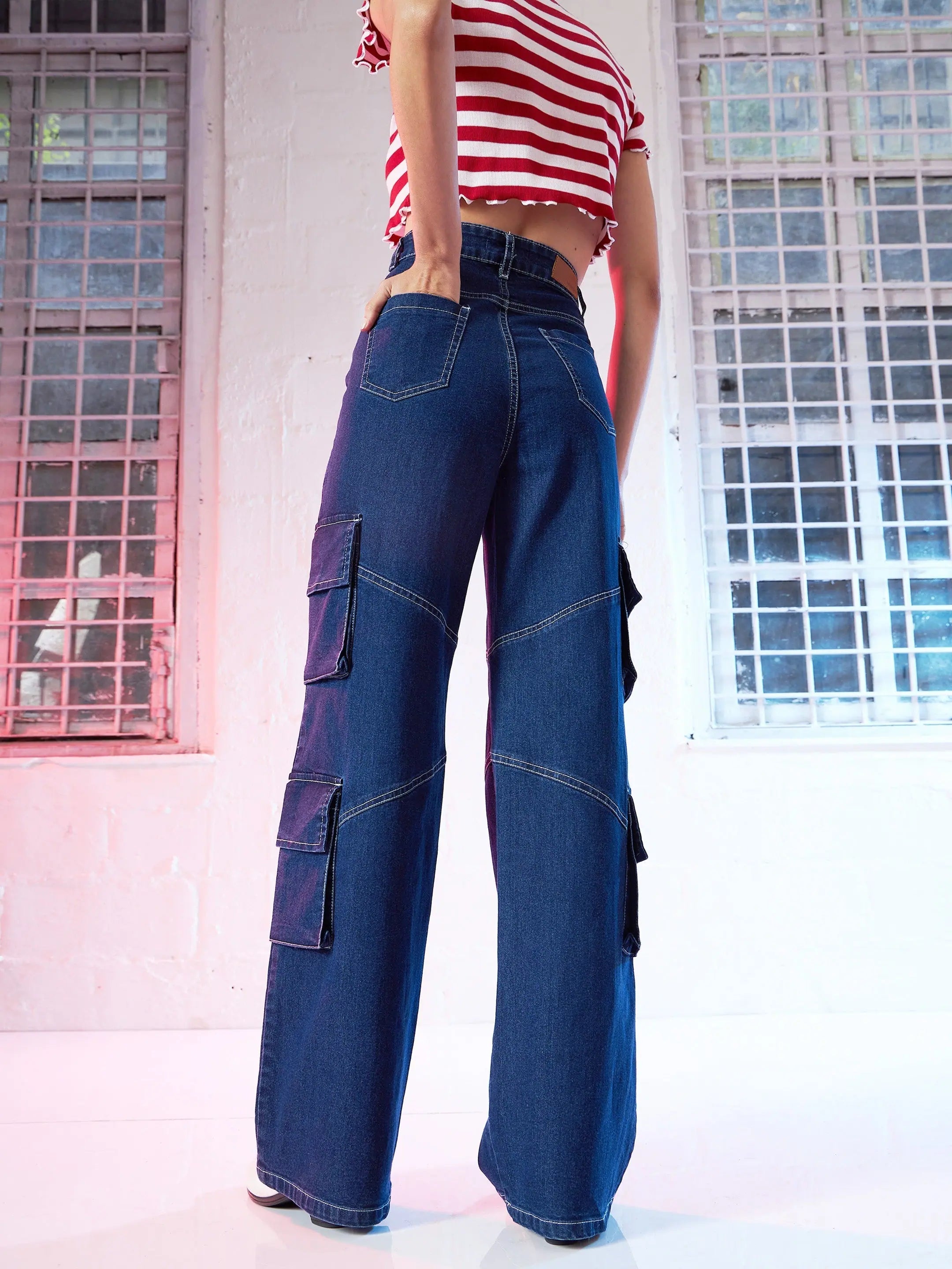 Women's Blue Contrast Stitch Straight Fit Cargo Jeans