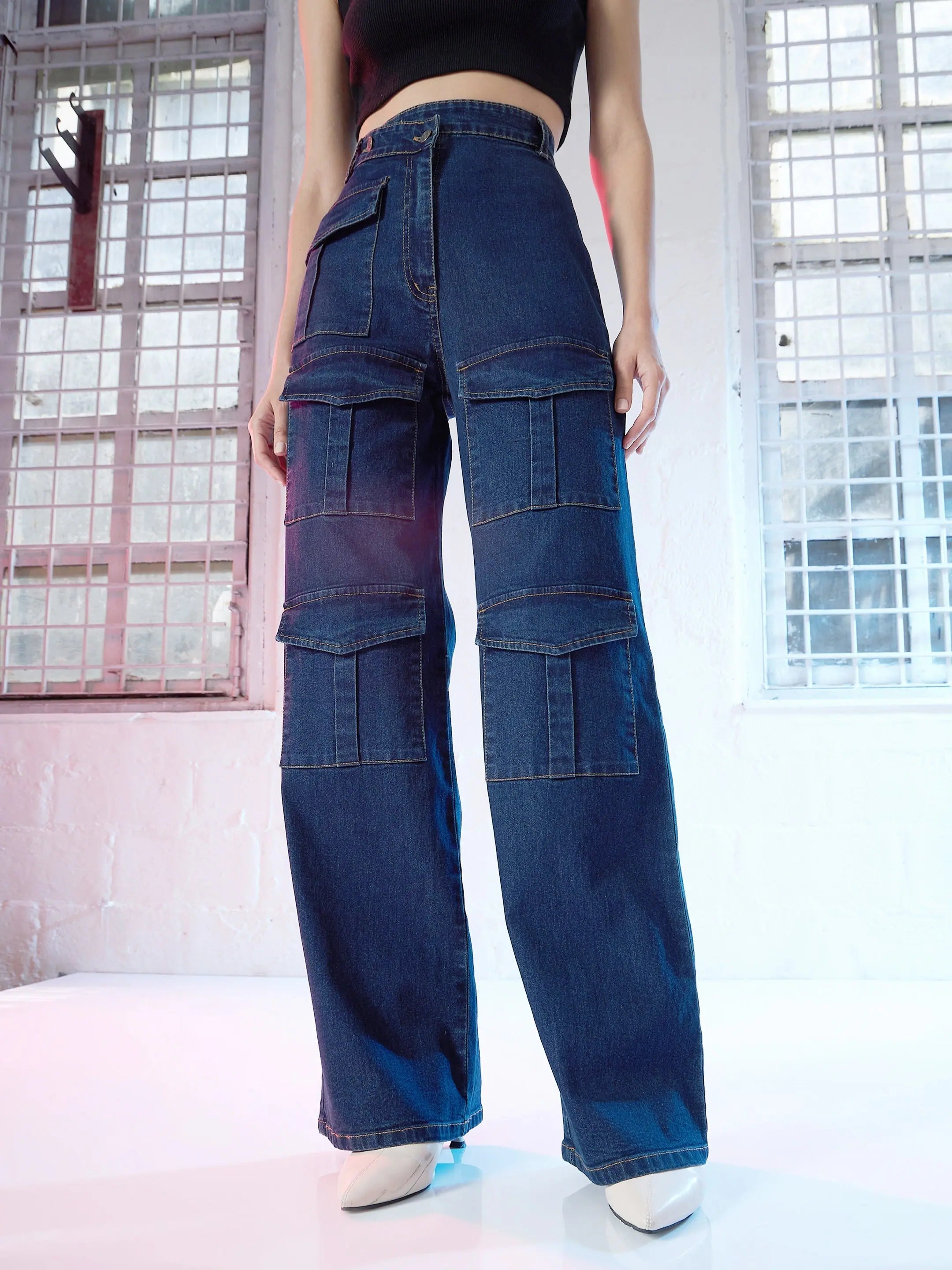 Blue Cargo Straight Jeans - Women's Denim Cotton Pants