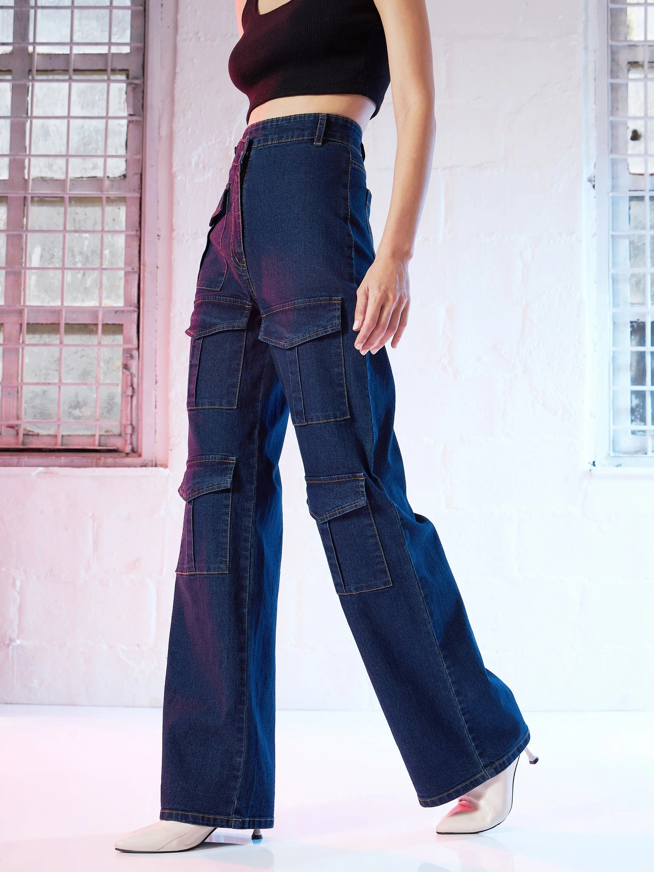 Blue Cargo Straight Jeans - Women's Denim Cotton Pants