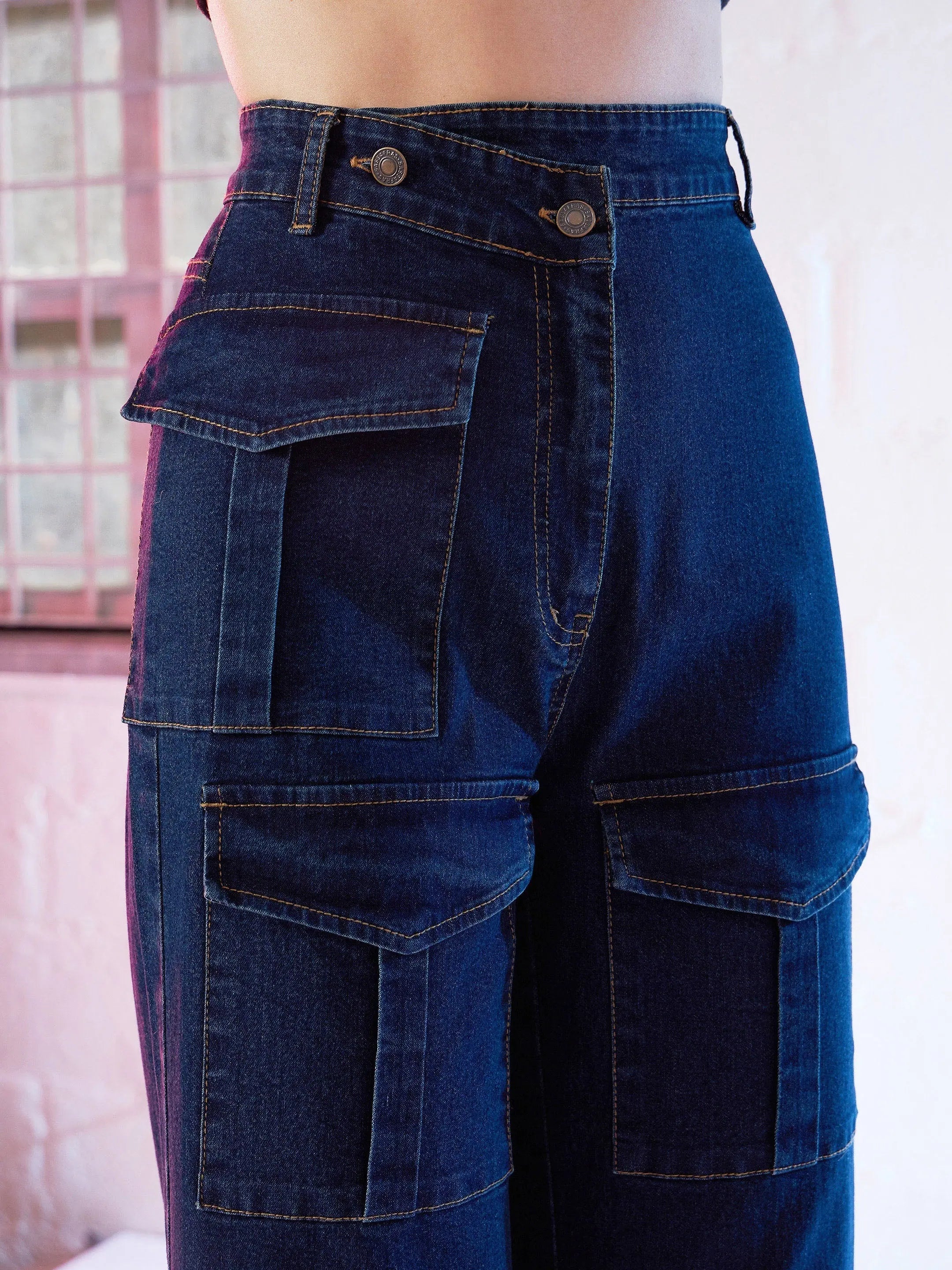 Blue Cargo Straight Jeans - Women's Denim Cotton Pants