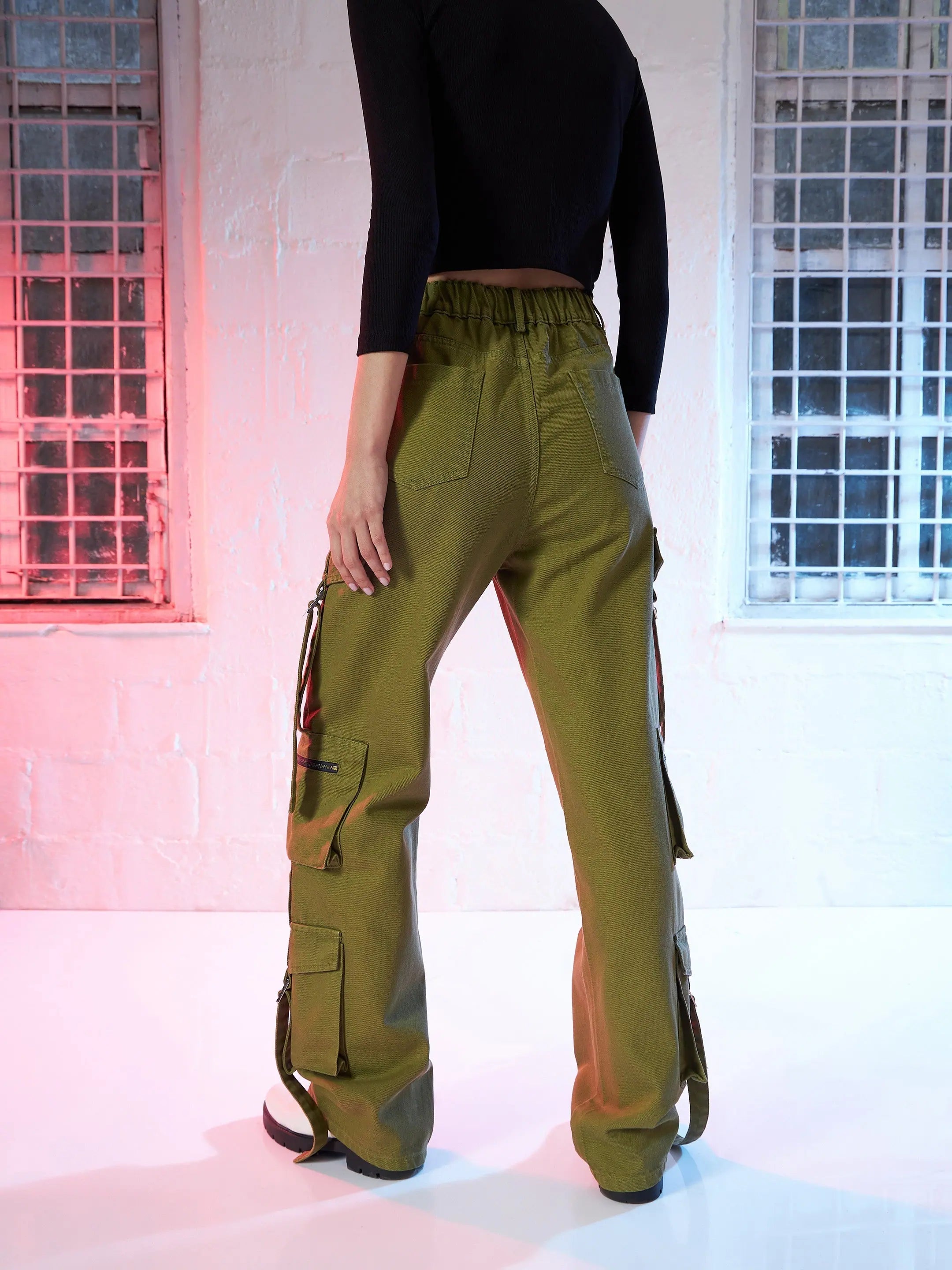 Women's Olive Cargo Straight Jeans | Cotton Denim, Stitch Detail
