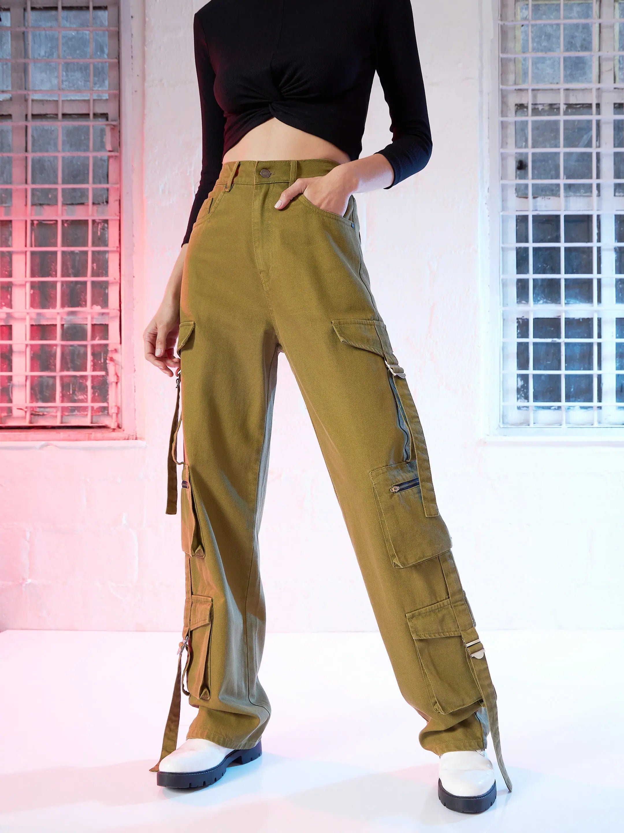 Women's Olive Cargo Straight Jeans | Cotton Denim, Stitch Detail