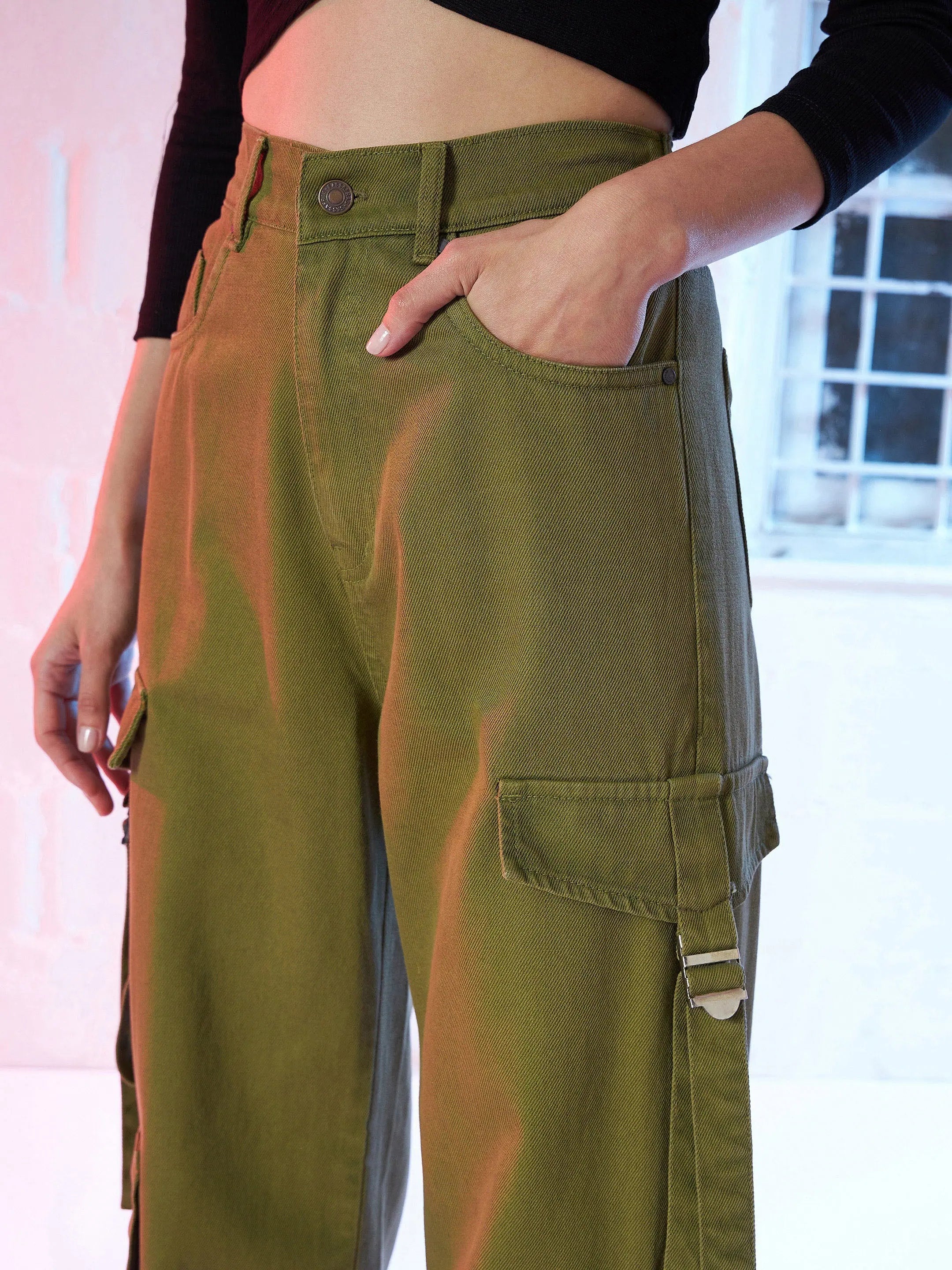 Women's Olive Cargo Straight Jeans | Cotton Denim, Stitch Detail