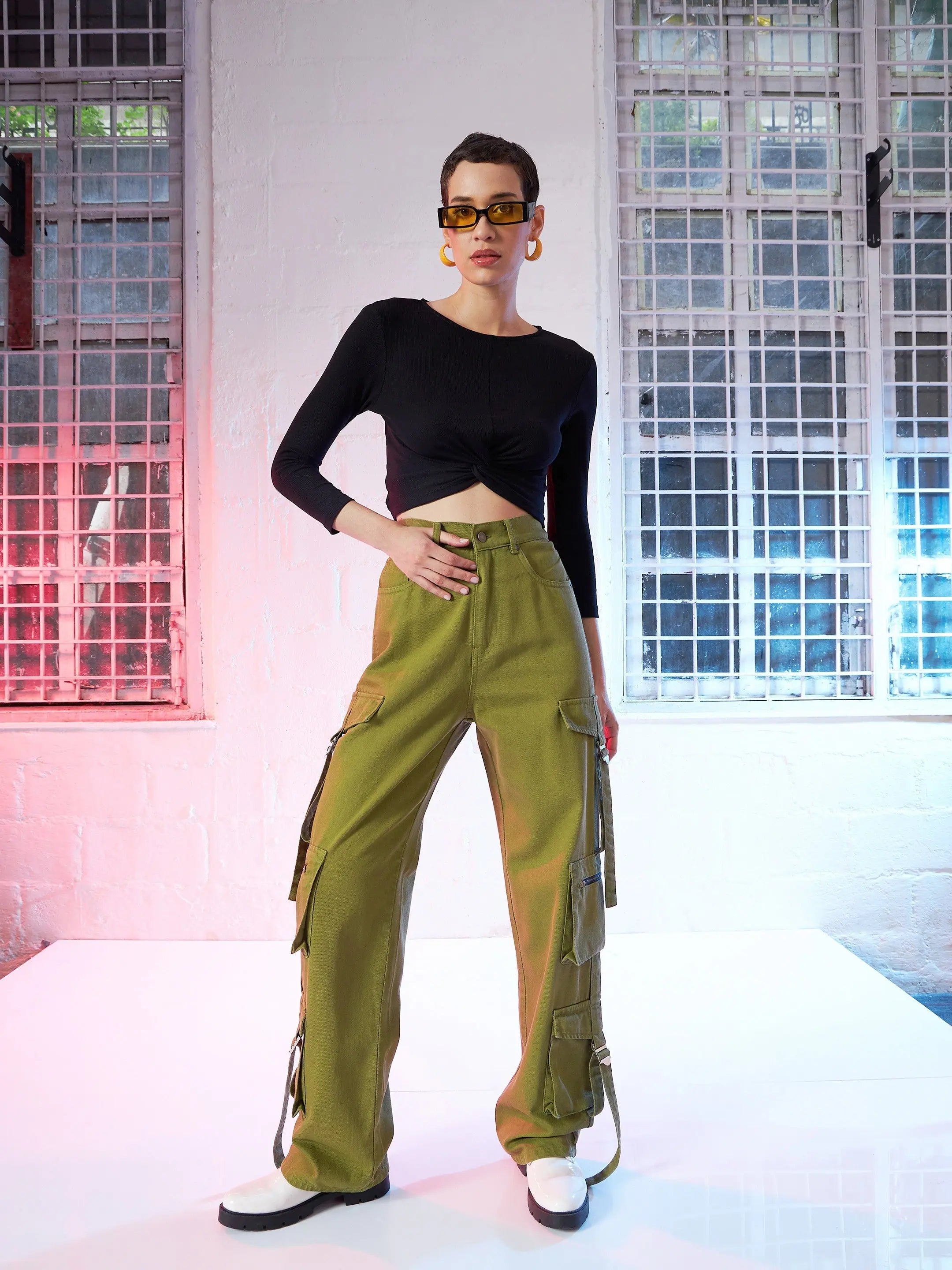 Women's Olive Cargo Straight Jeans | Cotton Denim, Stitch Detail