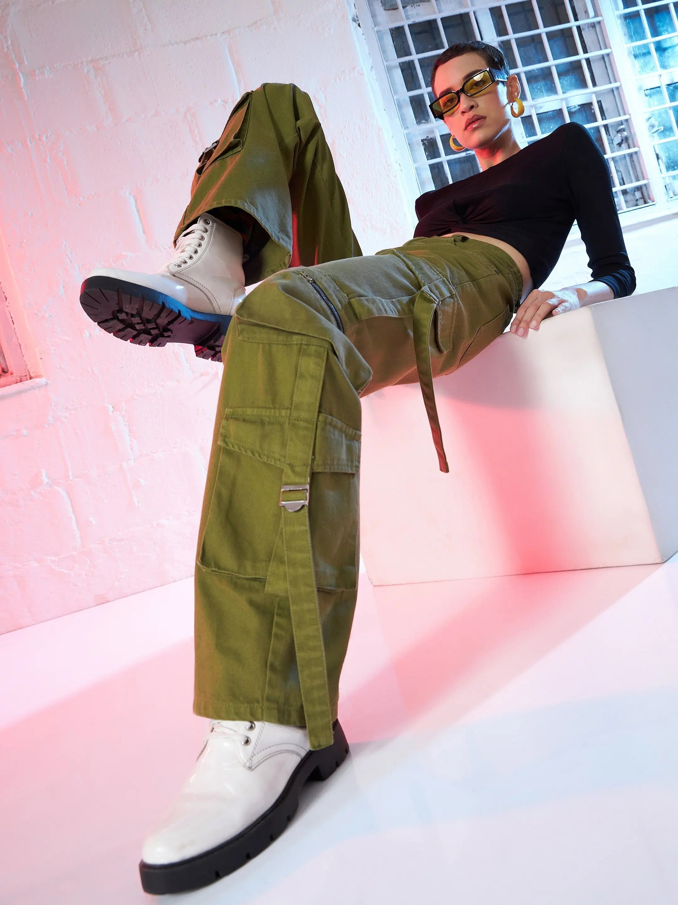 Women's Olive Cargo Straight Jeans | Cotton Denim, Stitch Detail