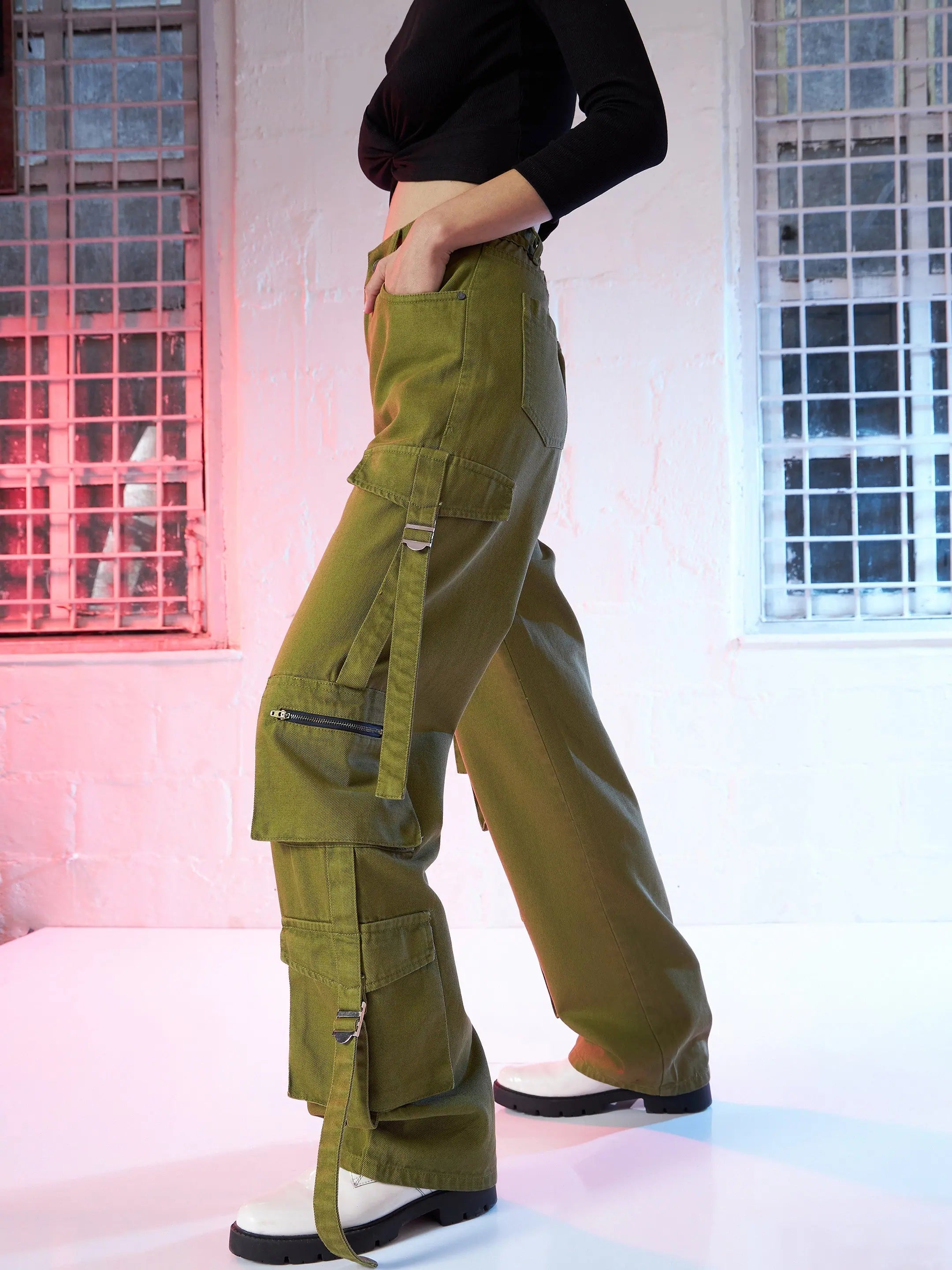 Women's Olive Cargo Straight Jeans | Cotton Denim, Stitch Detail