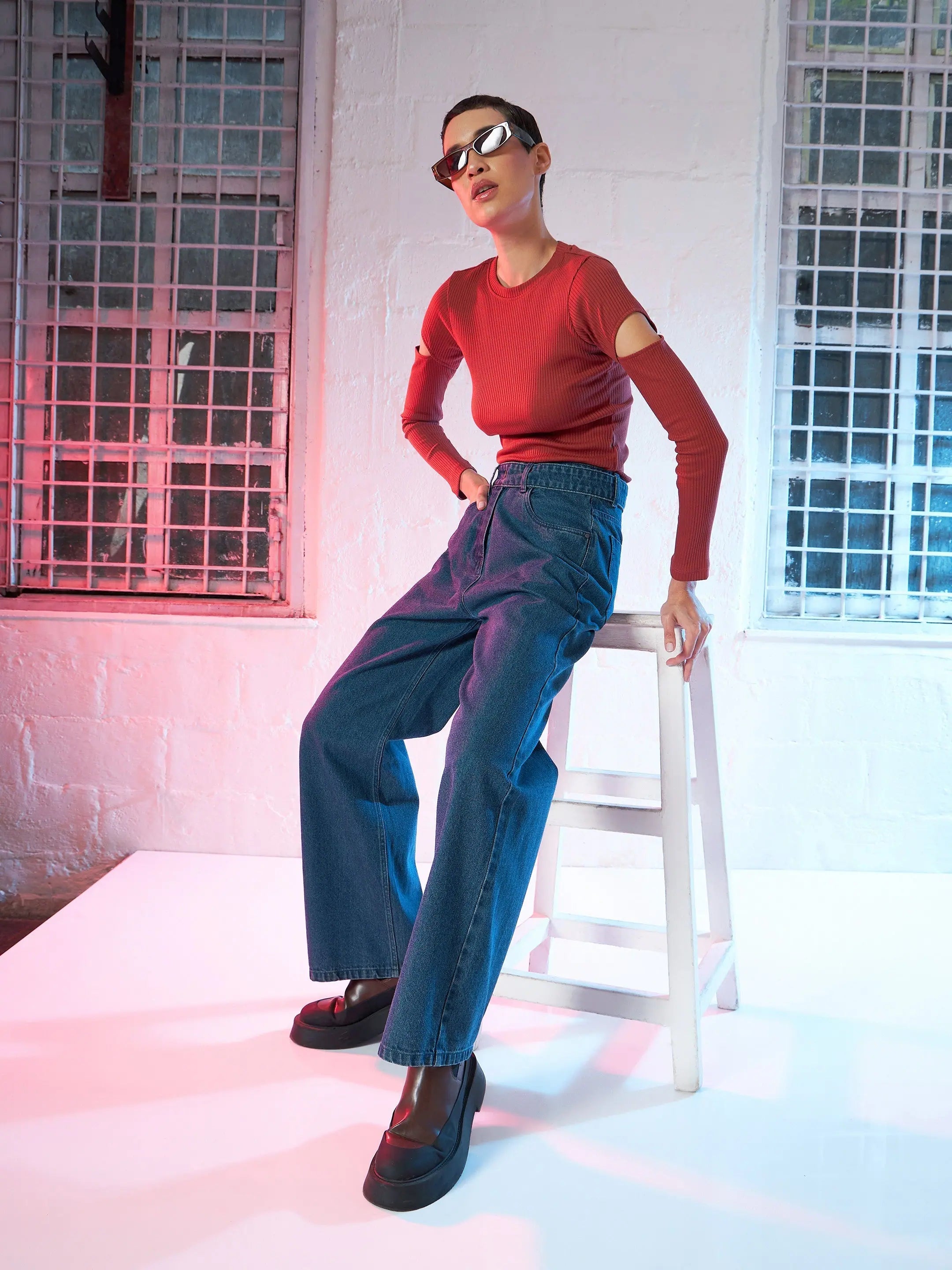 Blue Denim Belted Straight Fit Jeans for Women | Cotton Jeans
