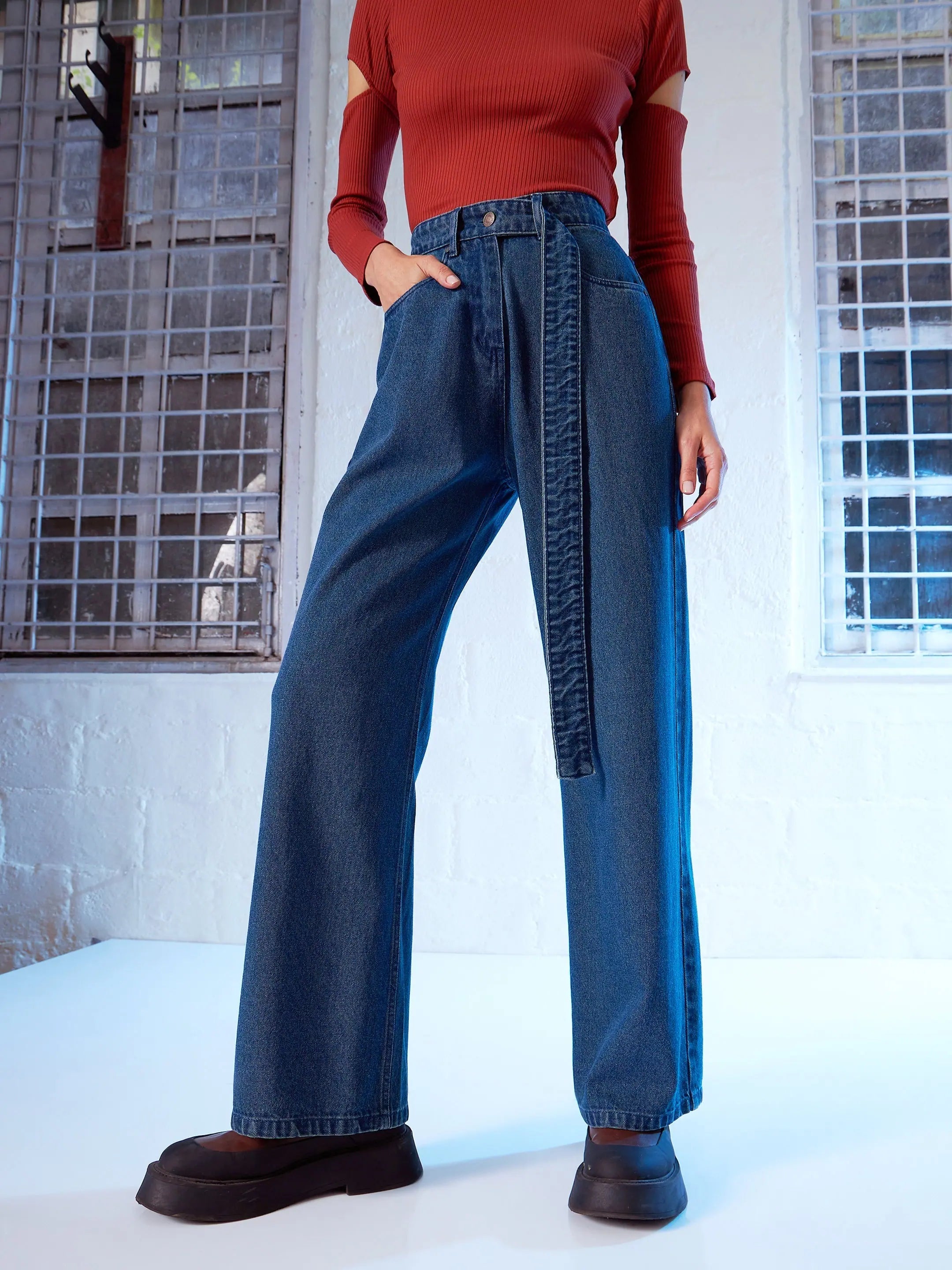 Blue Denim Belted Straight Fit Jeans for Women | Cotton Jeans
