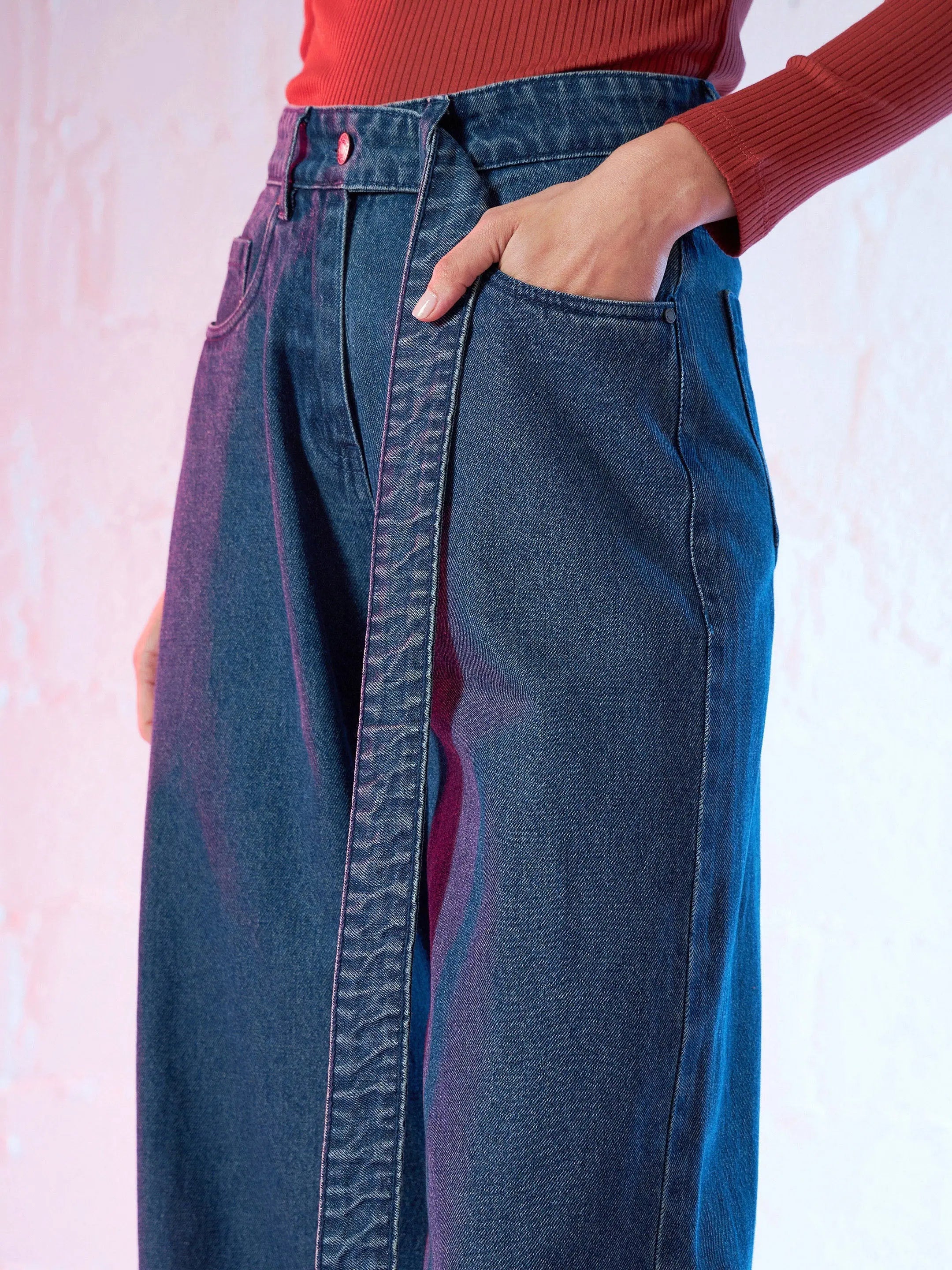 Blue Denim Belted Straight Fit Jeans for Women | Cotton Jeans