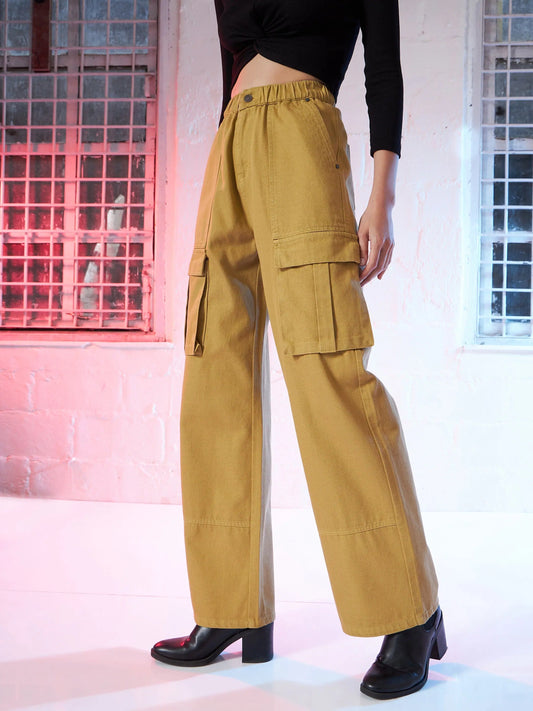Women Brown Box Pocket Cargo Jeans 2160