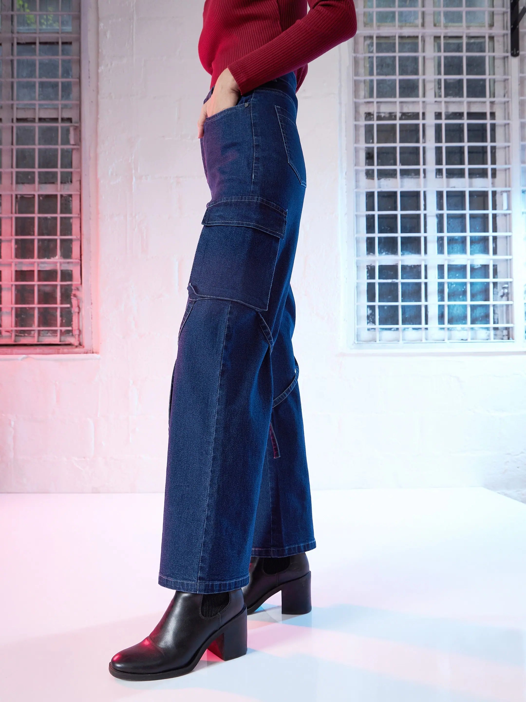 Women's Blue Straight Fit Cargo Jeans | Denim Cotton Fabric