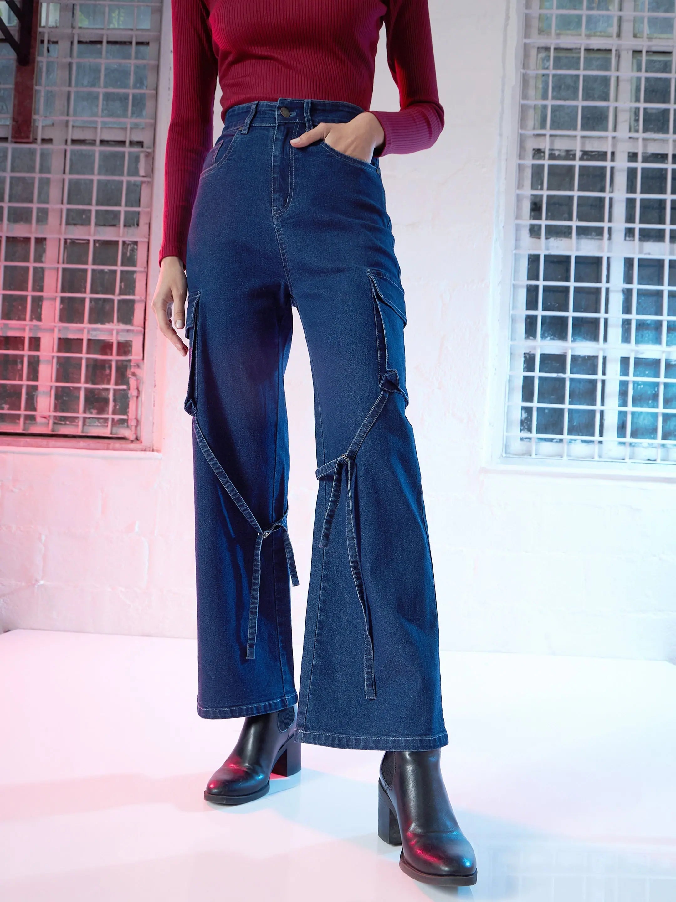 Women's Blue Straight Fit Cargo Jeans | Denim Cotton Fabric