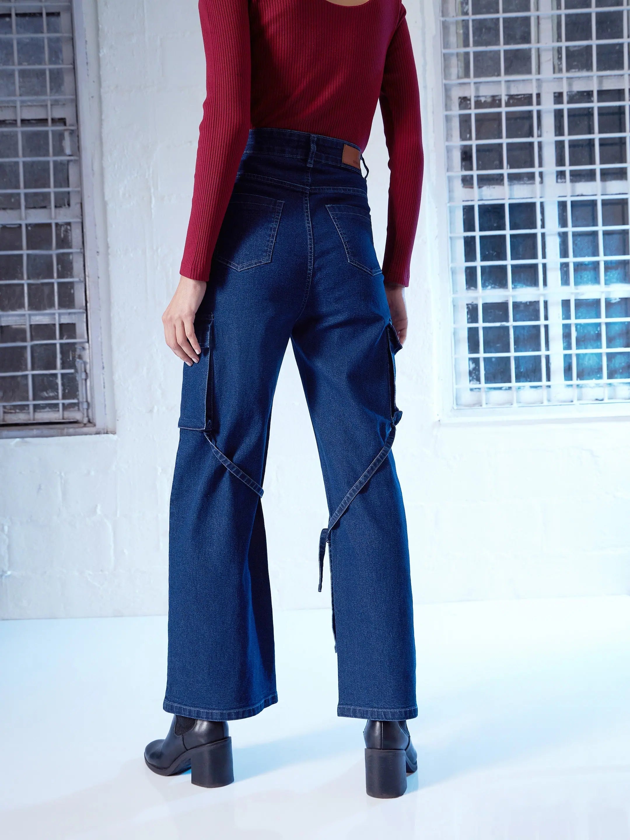 Women's Blue Straight Fit Cargo Jeans | Denim Cotton Fabric