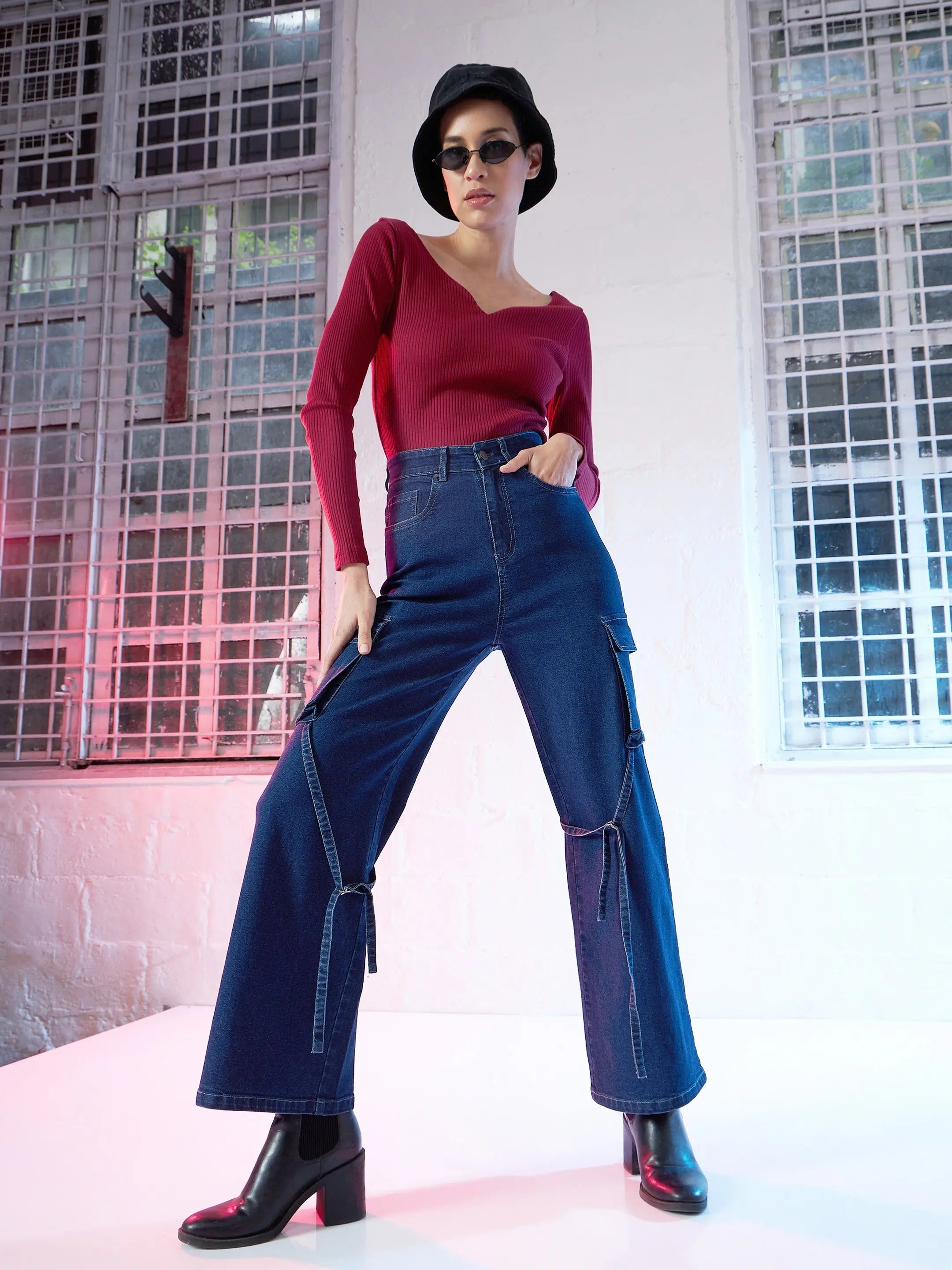 Women's Blue Straight Fit Cargo Jeans | Denim Cotton Fabric