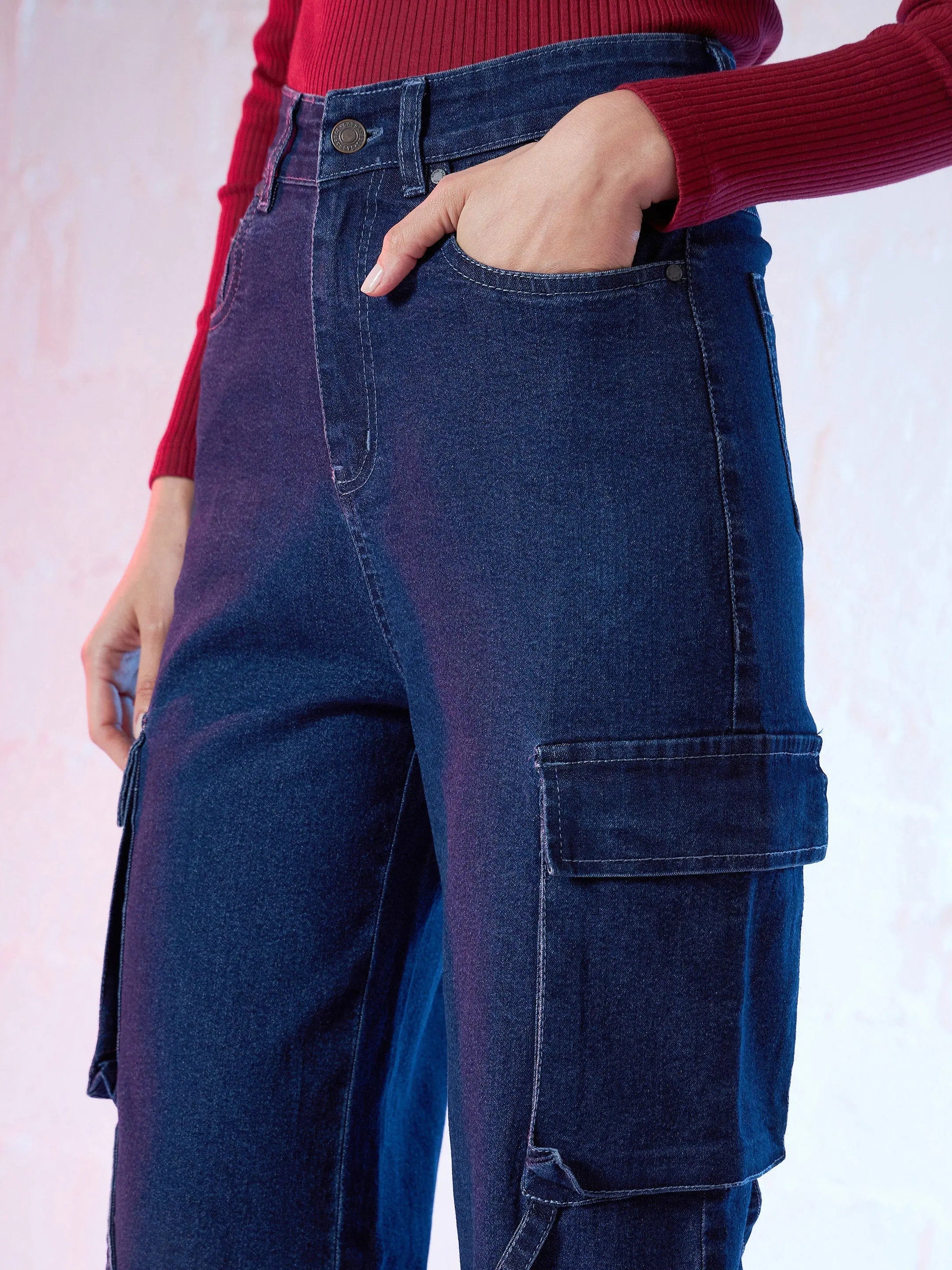 Women's Blue Straight Fit Cargo Jeans | Denim Cotton Fabric