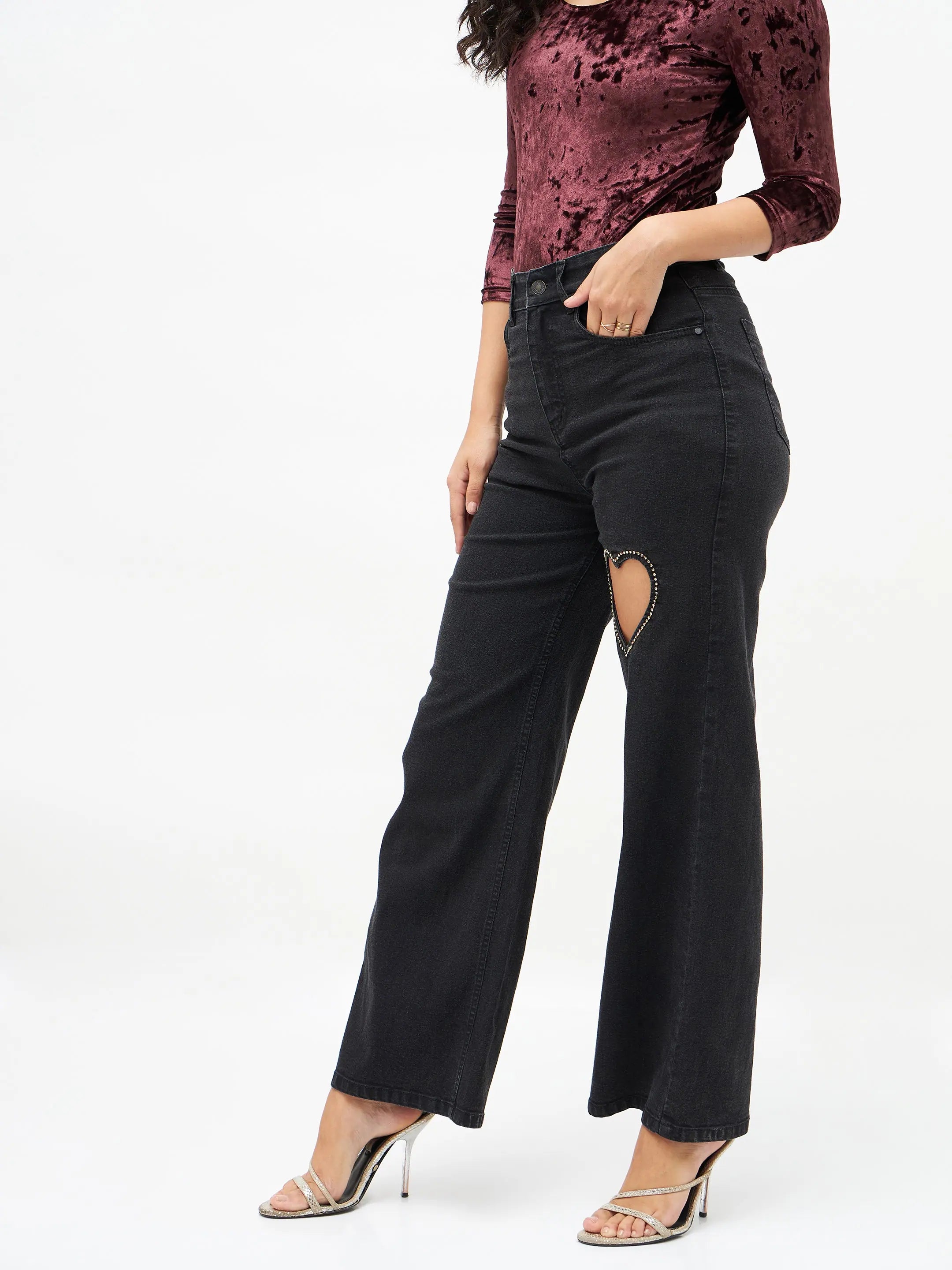 Black Crystal Heart Jeans | Women's Embellished Denim