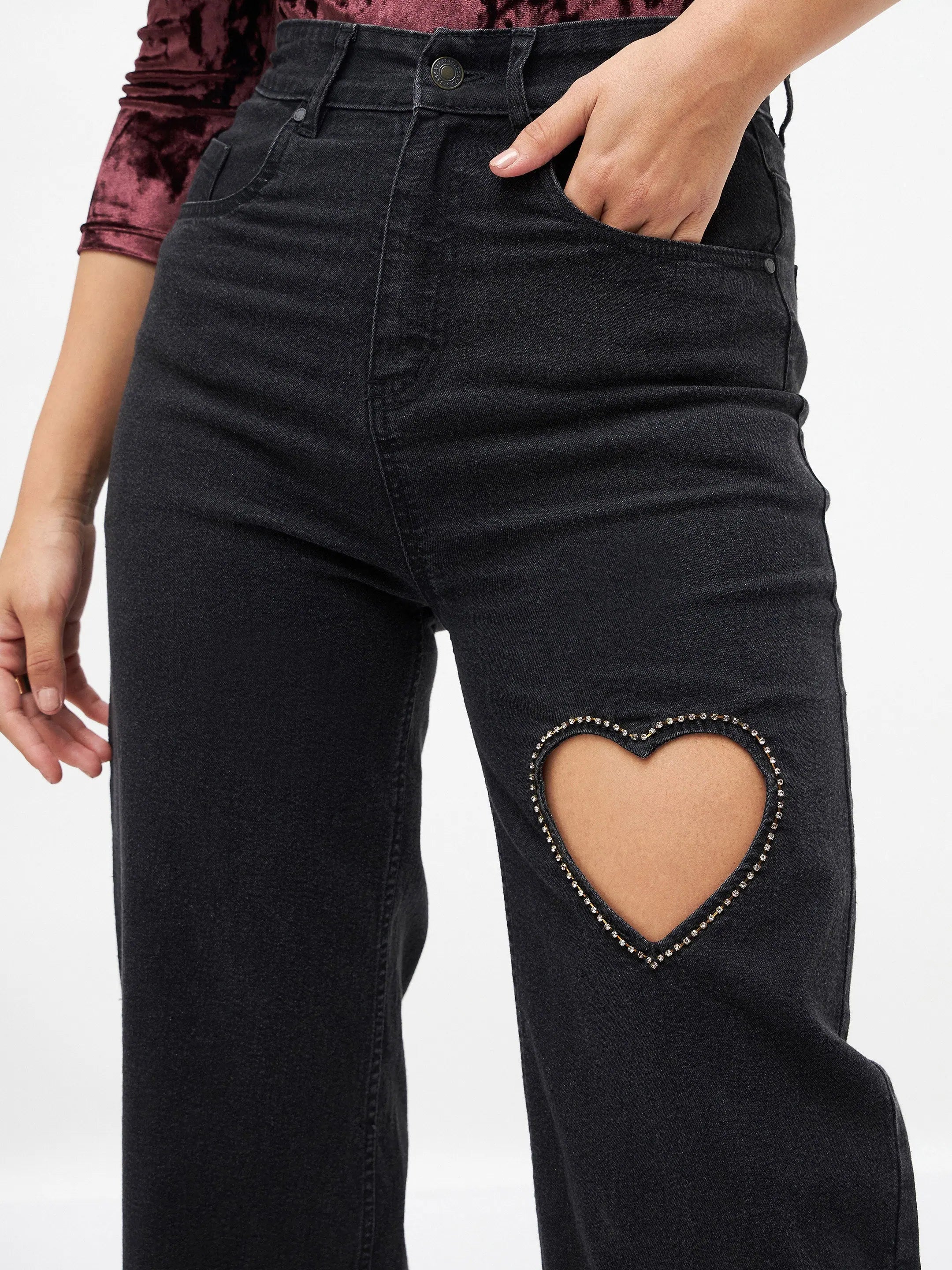 Black Crystal Heart Jeans | Women's Embellished Denim