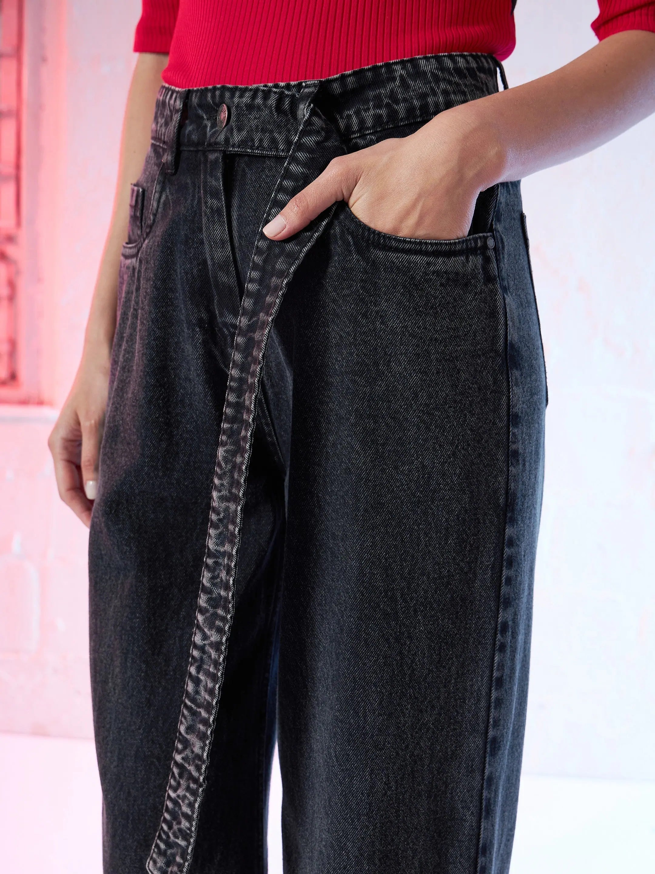 Belted Black Denim Jeans | Straight Fit for Women