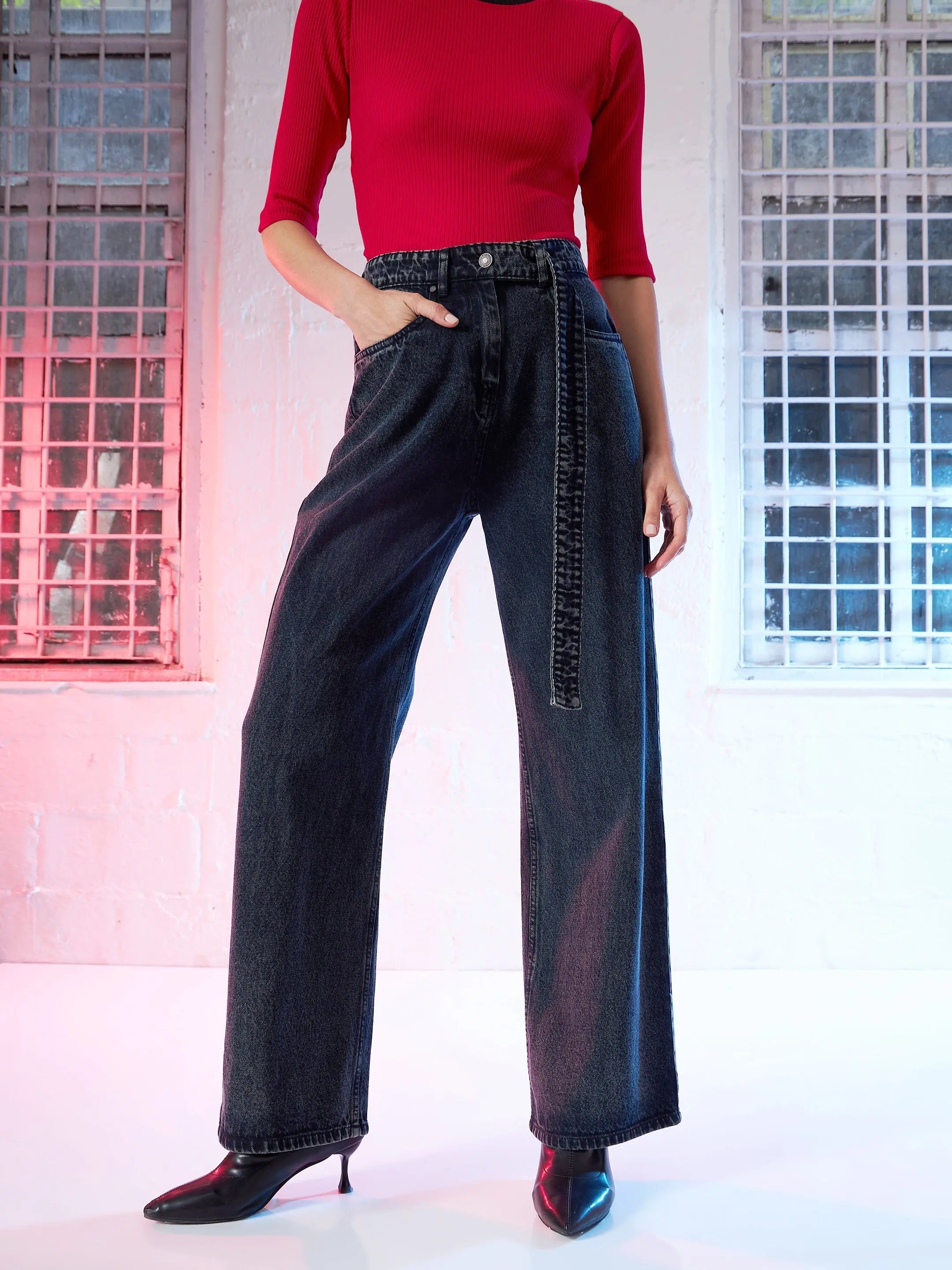 Belted Black Denim Jeans | Straight Fit for Women