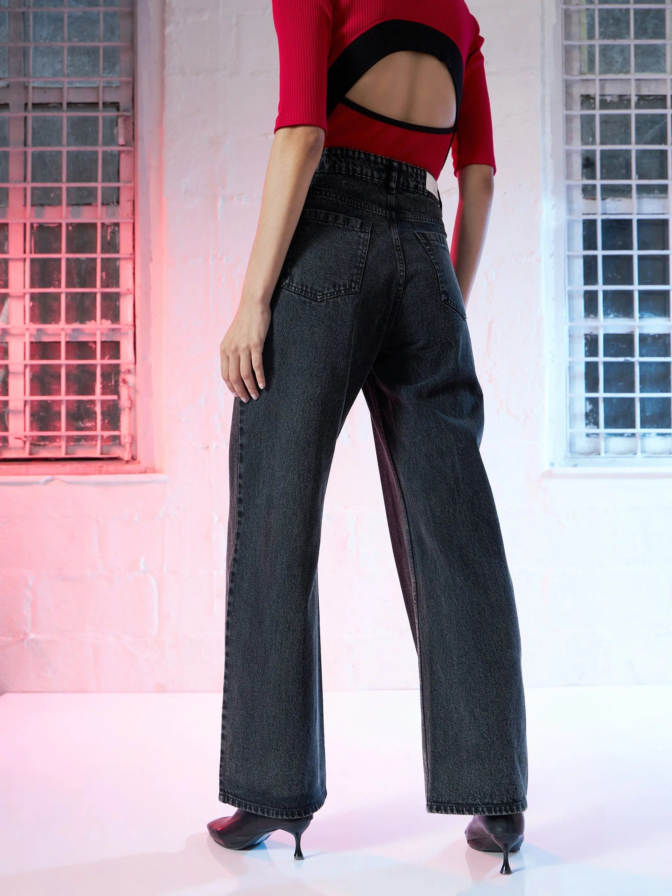Belted Black Denim Jeans | Straight Fit for Women