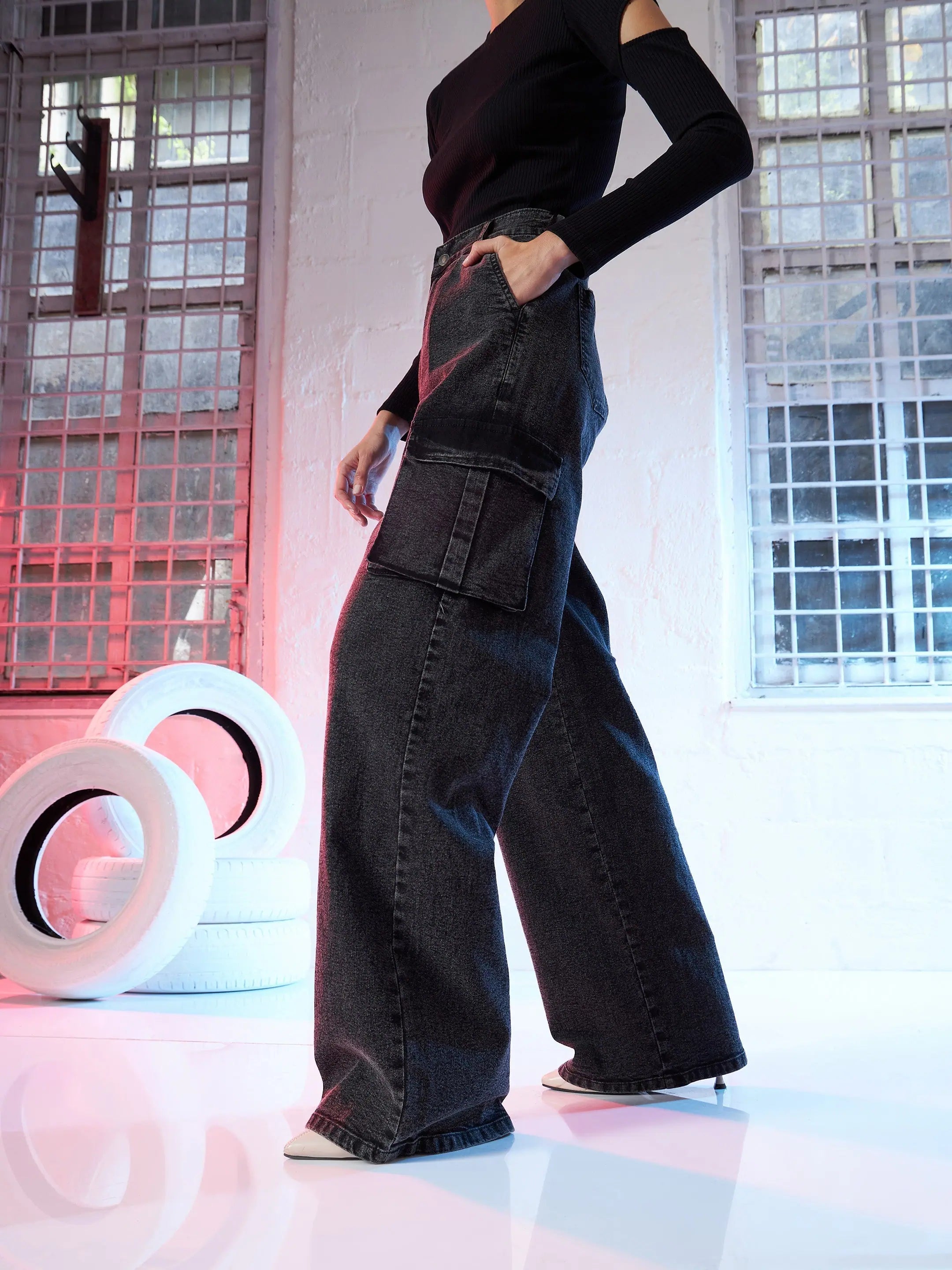 Black Cargo Jeans | Women's Denim with Side Pockets