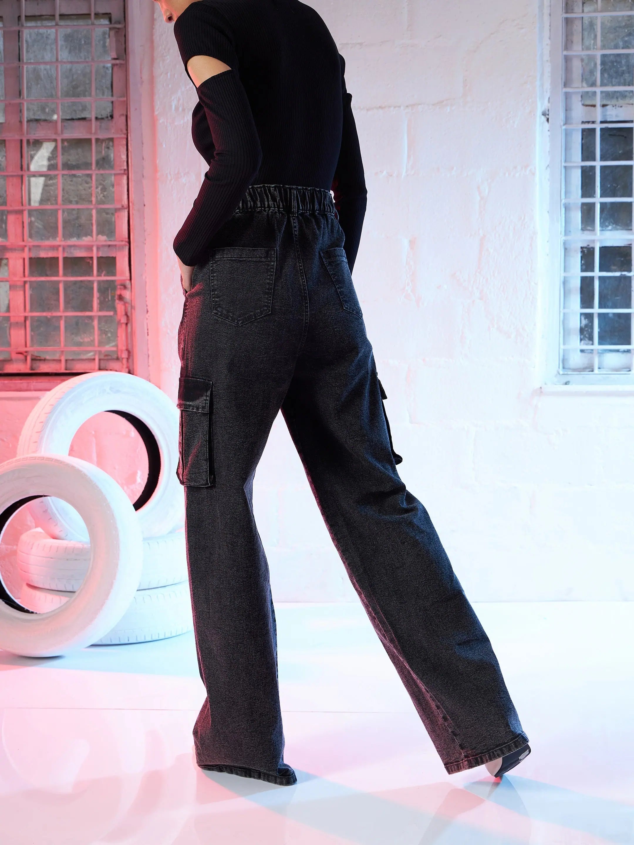 Black Cargo Jeans | Women's Denim with Side Pockets