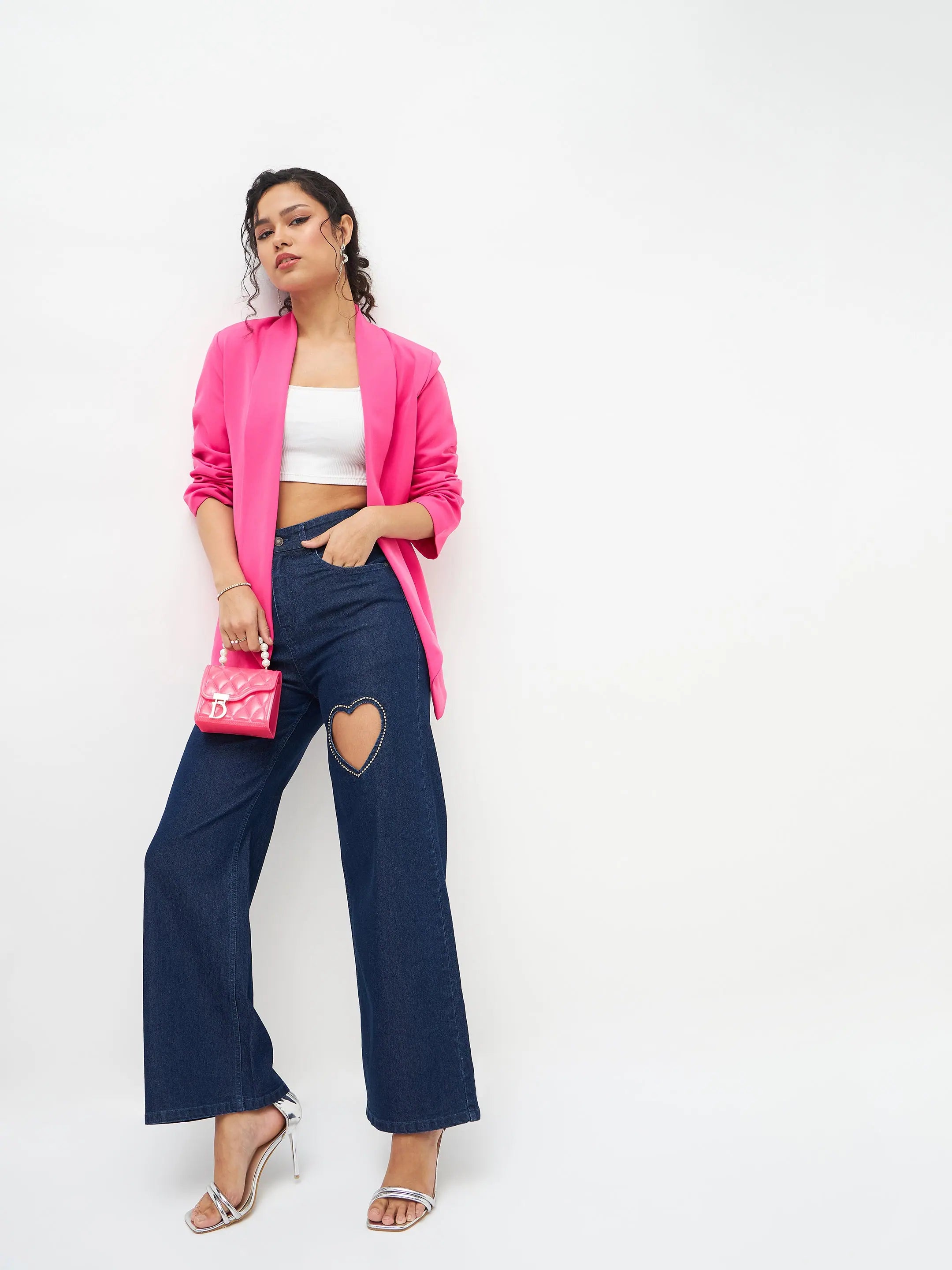 Blue Crystal Heart Jeans | Straight Fit Denim for Women