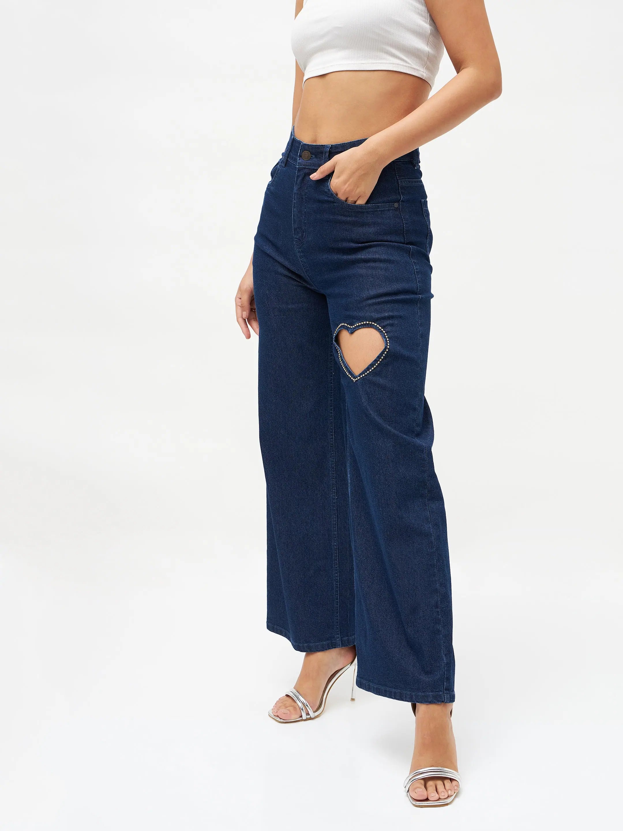 Blue Crystal Heart Jeans | Straight Fit Denim for Women