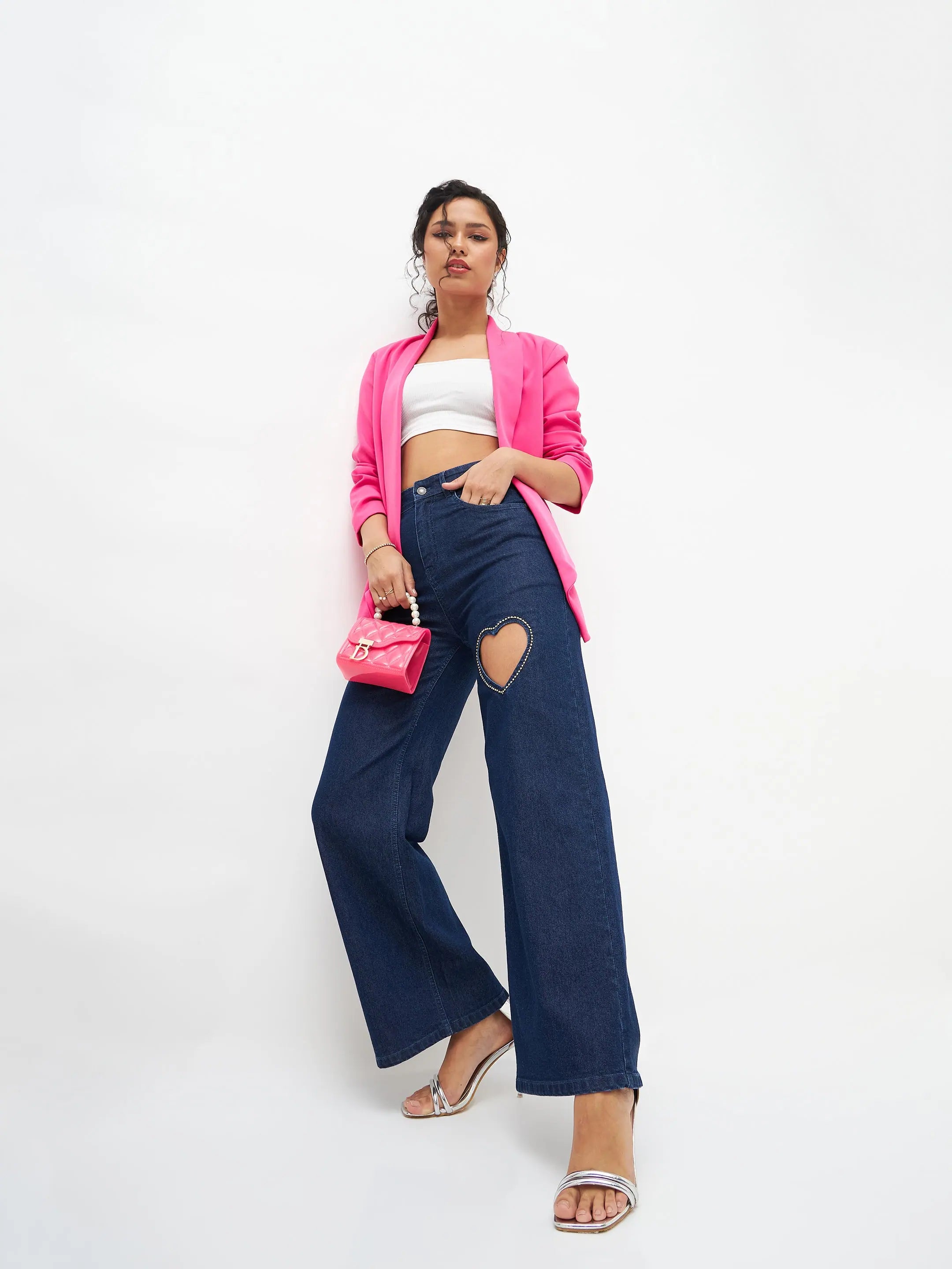 Blue Crystal Heart Jeans | Straight Fit Denim for Women