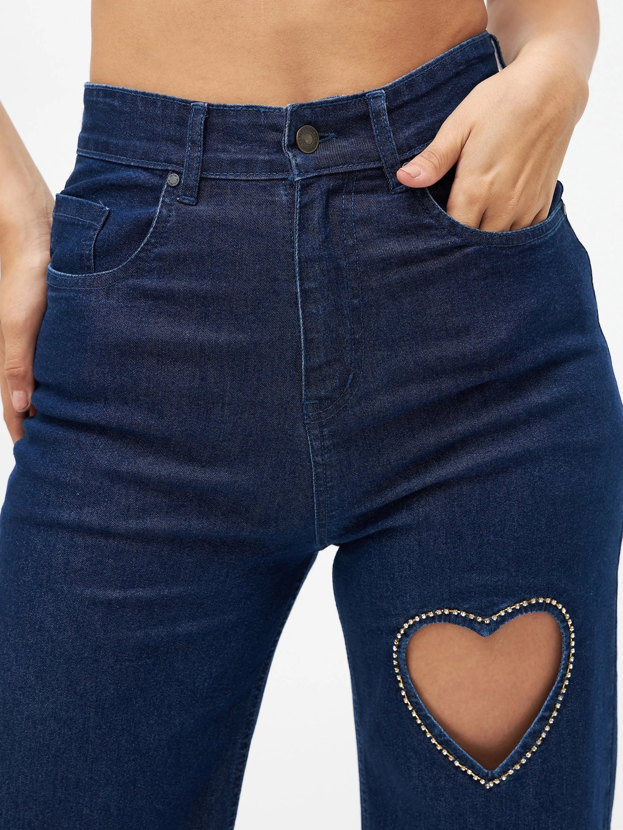 Blue Crystal Heart Jeans | Straight Fit Denim for Women