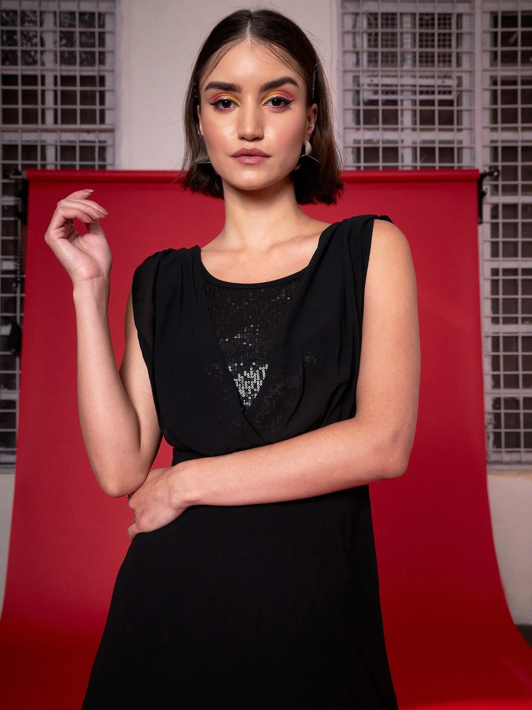 Black Sequin Maxi Dress - Women's Flared Party Wear