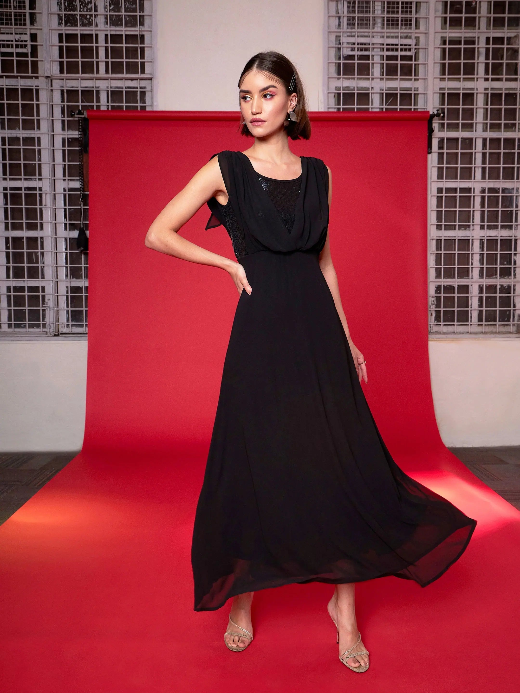 Black Sequin Maxi Dress - Women's Flared Party Wear