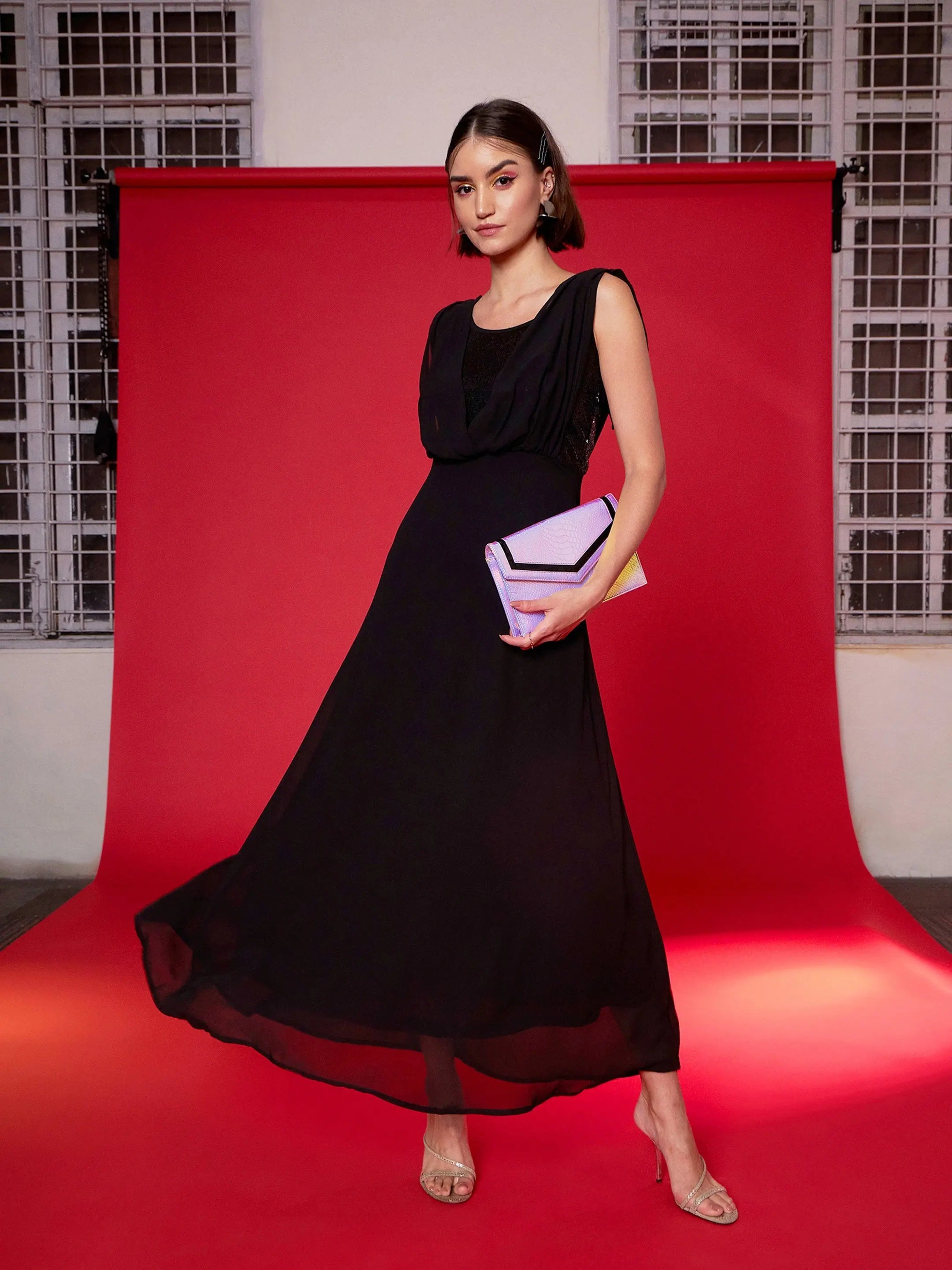 Black Sequin Maxi Dress - Women's Flared Party Wear