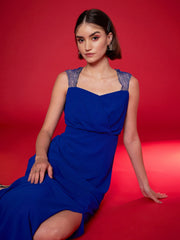 Women Royal Blue Embellished Back Cut Out Maxi Dress