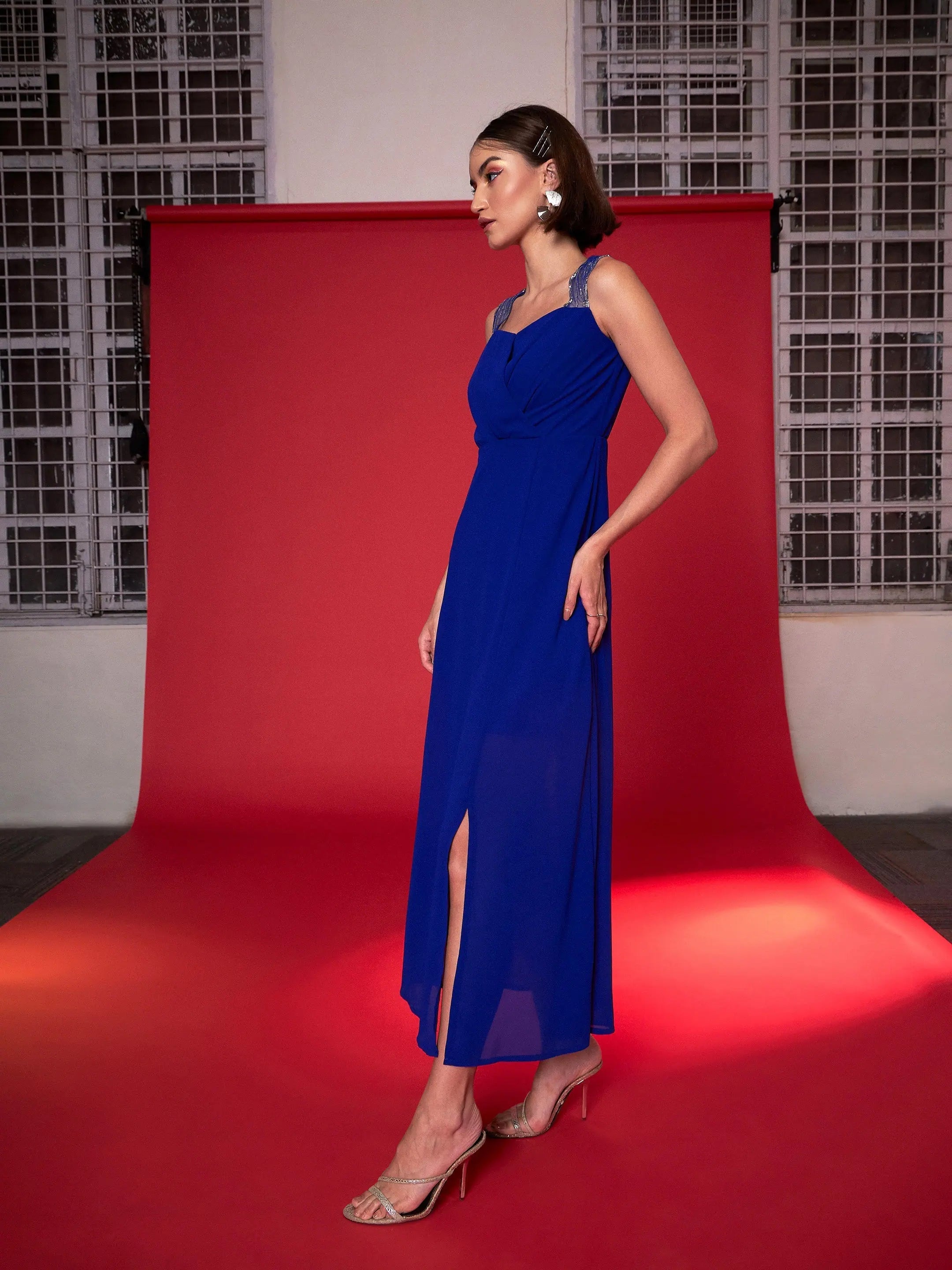 Royal Blue Maxi Dress - Embellished Women's A-Line Gown