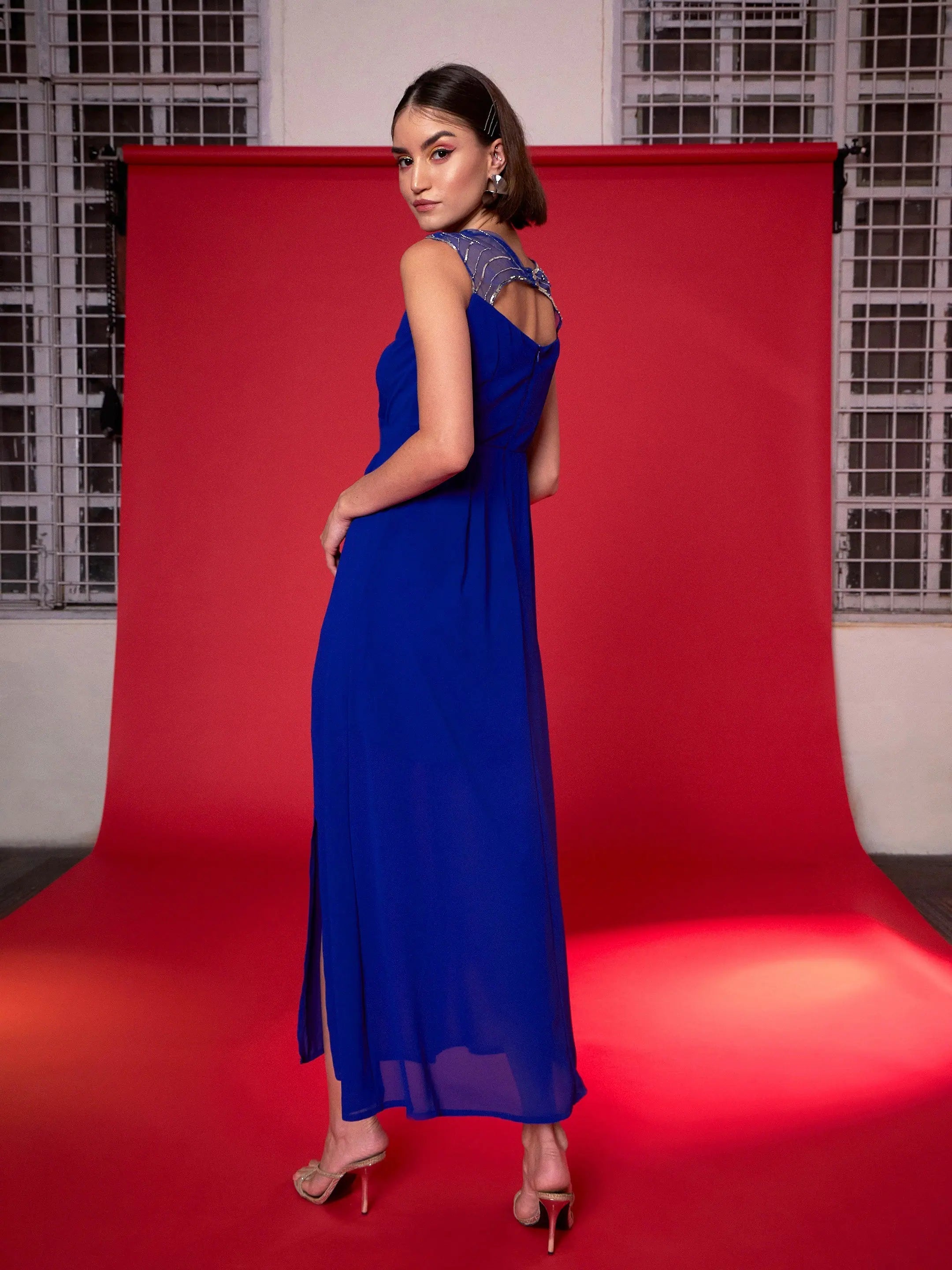 Royal Blue Maxi Dress - Embellished Women's A-Line Gown