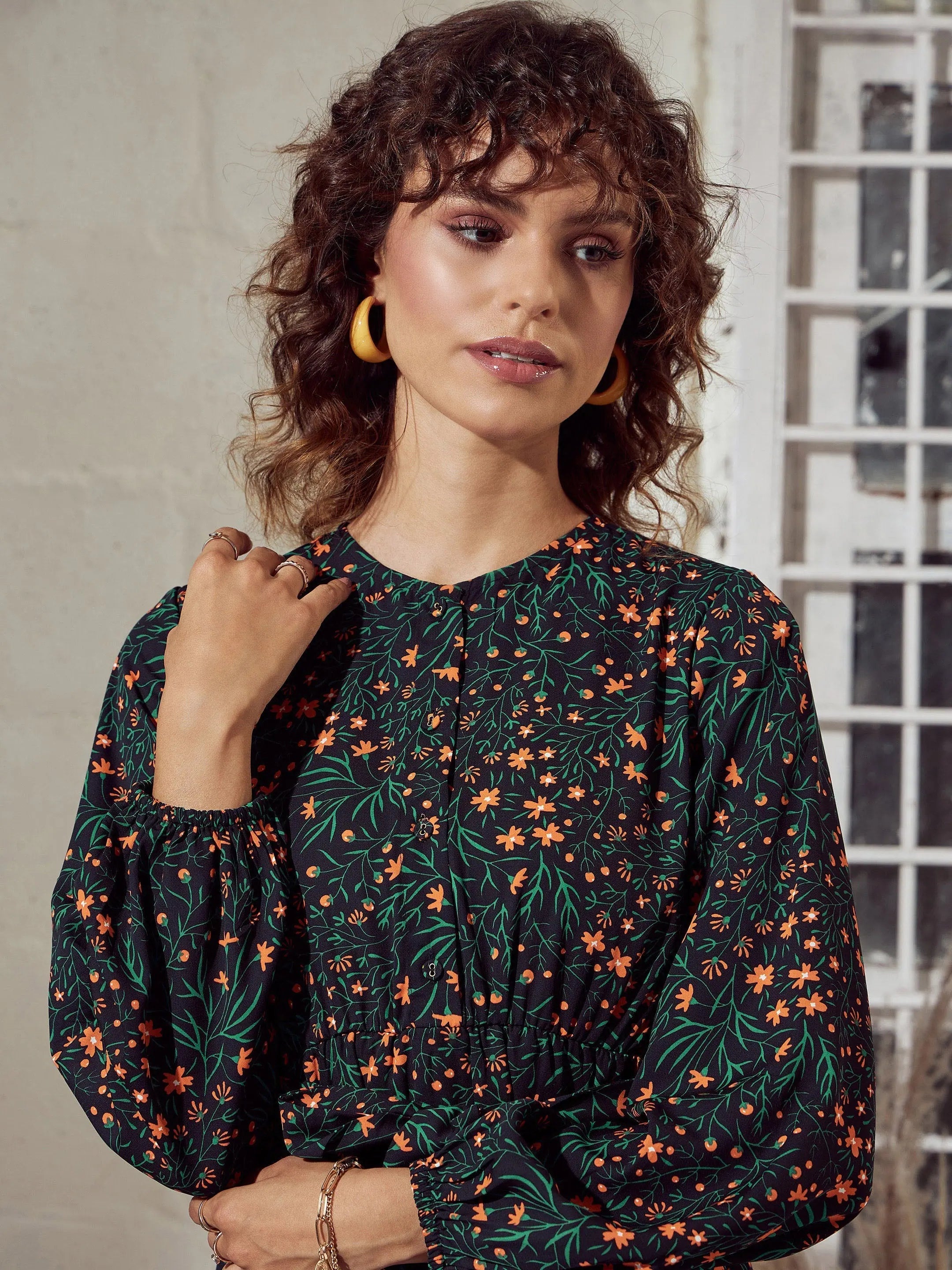 Green Floral Midi Dress - Women's Ethnic Fashion Look