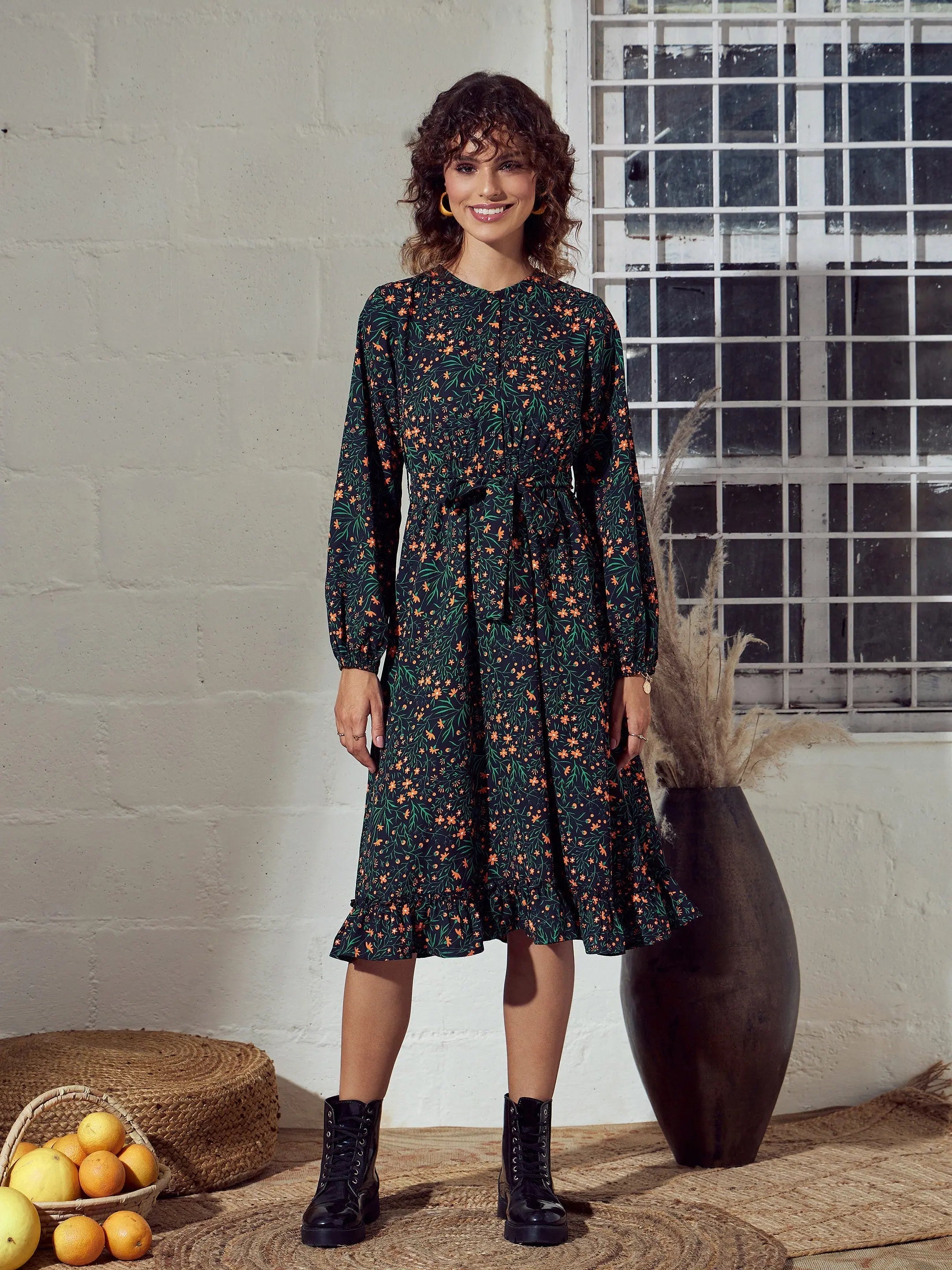 Green Floral Midi Dress - Women's Ethnic Fashion Look
