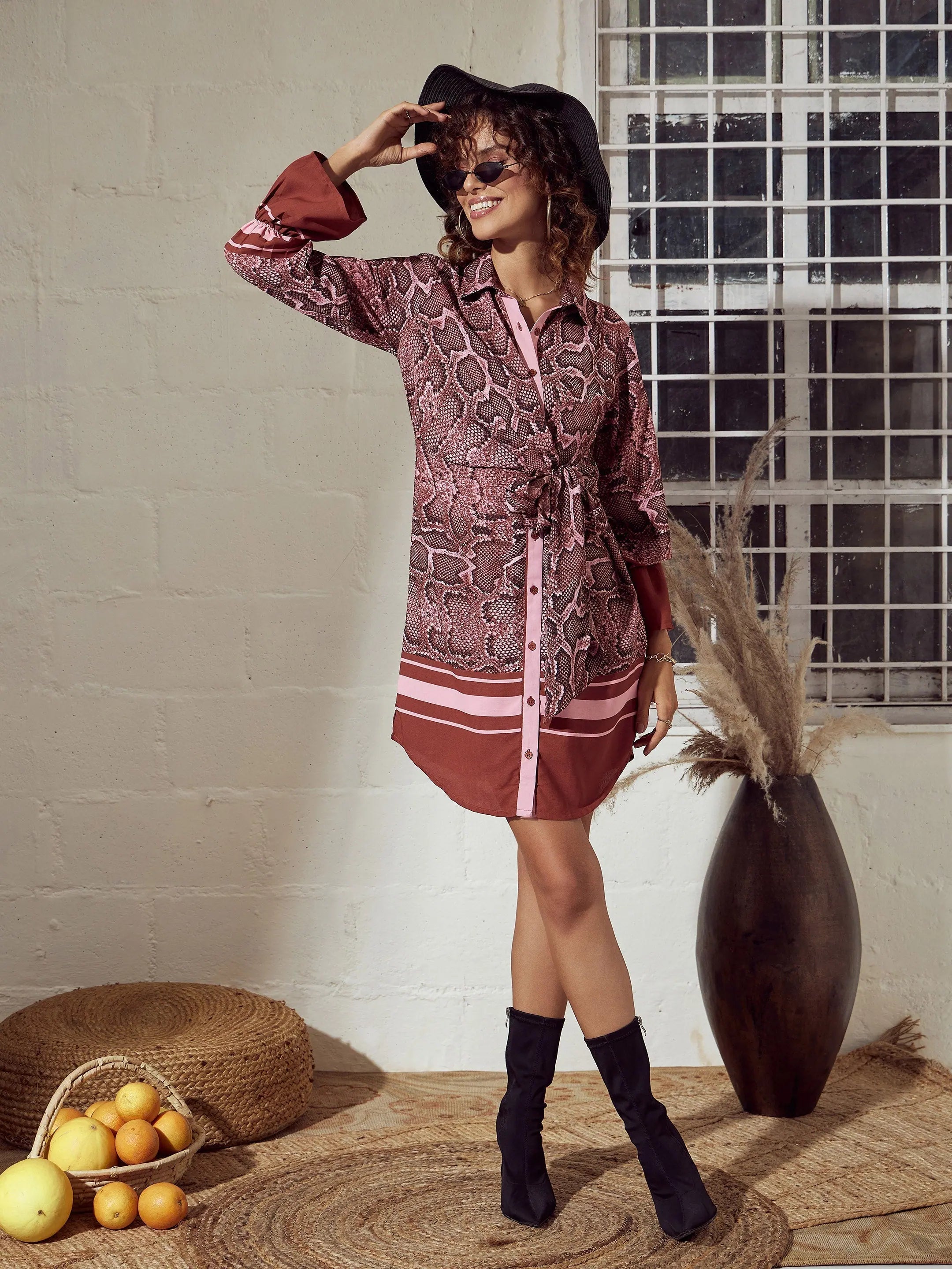 Pink Snake Print Shirt Dress - Women's Designer Lehenga Style