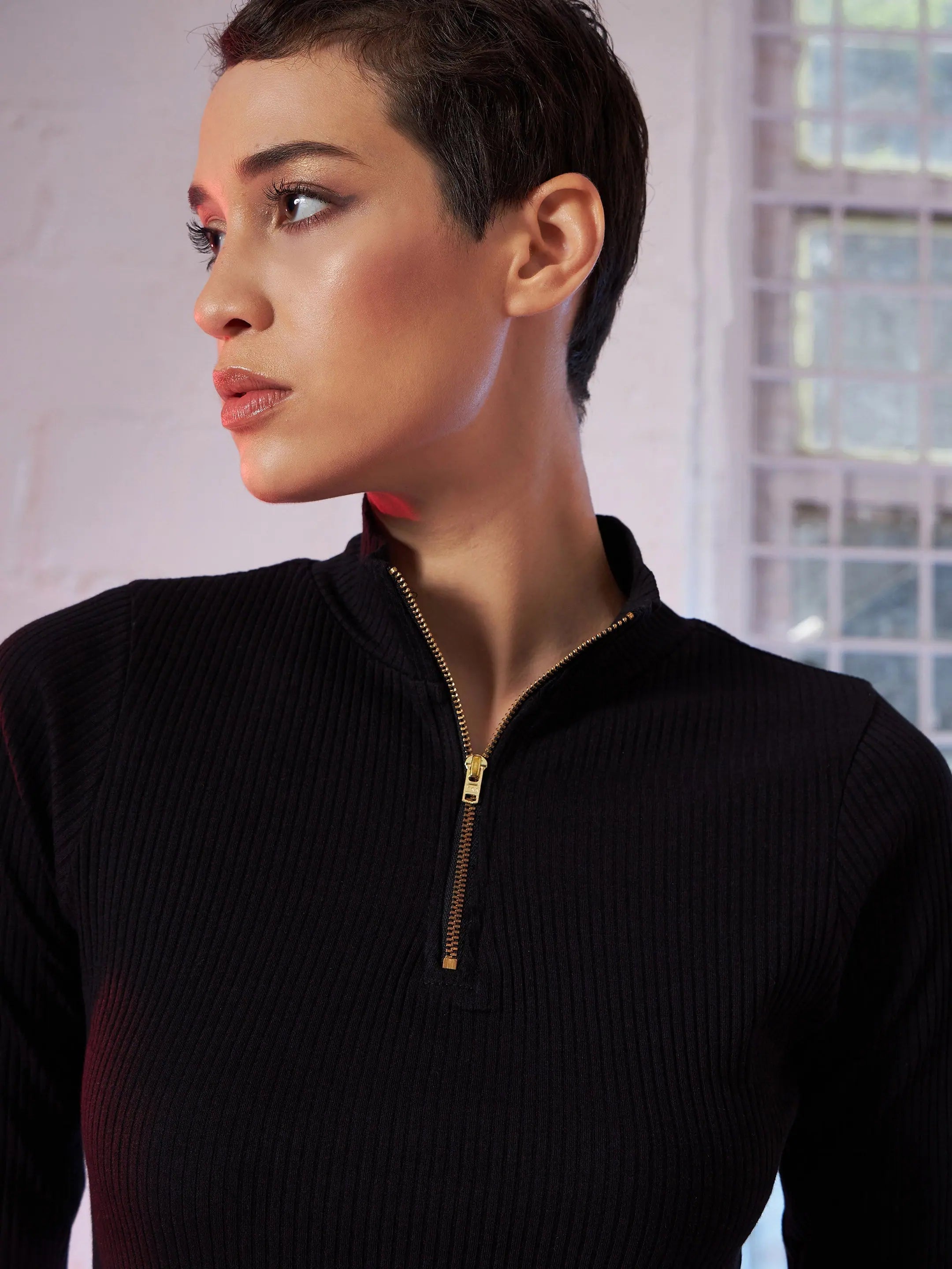 Black Ribbed Bodycon Dress - Women's Mini Designer Lehenga Look