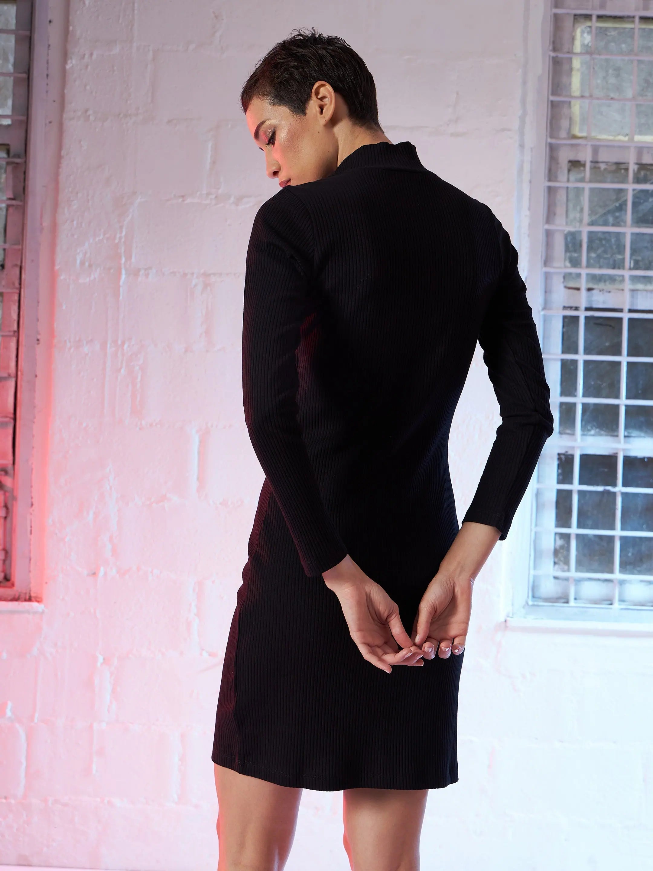 Black Ribbed Bodycon Dress - Women's Mini Designer Lehenga Look