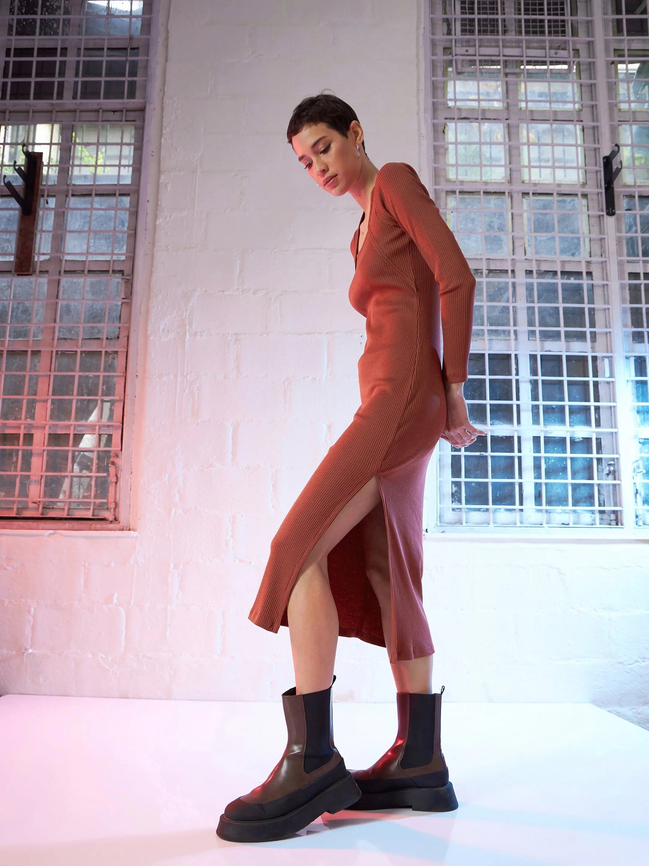 Rust Bodycon Dress | Women's Western Wear Ribbed Midi Dress