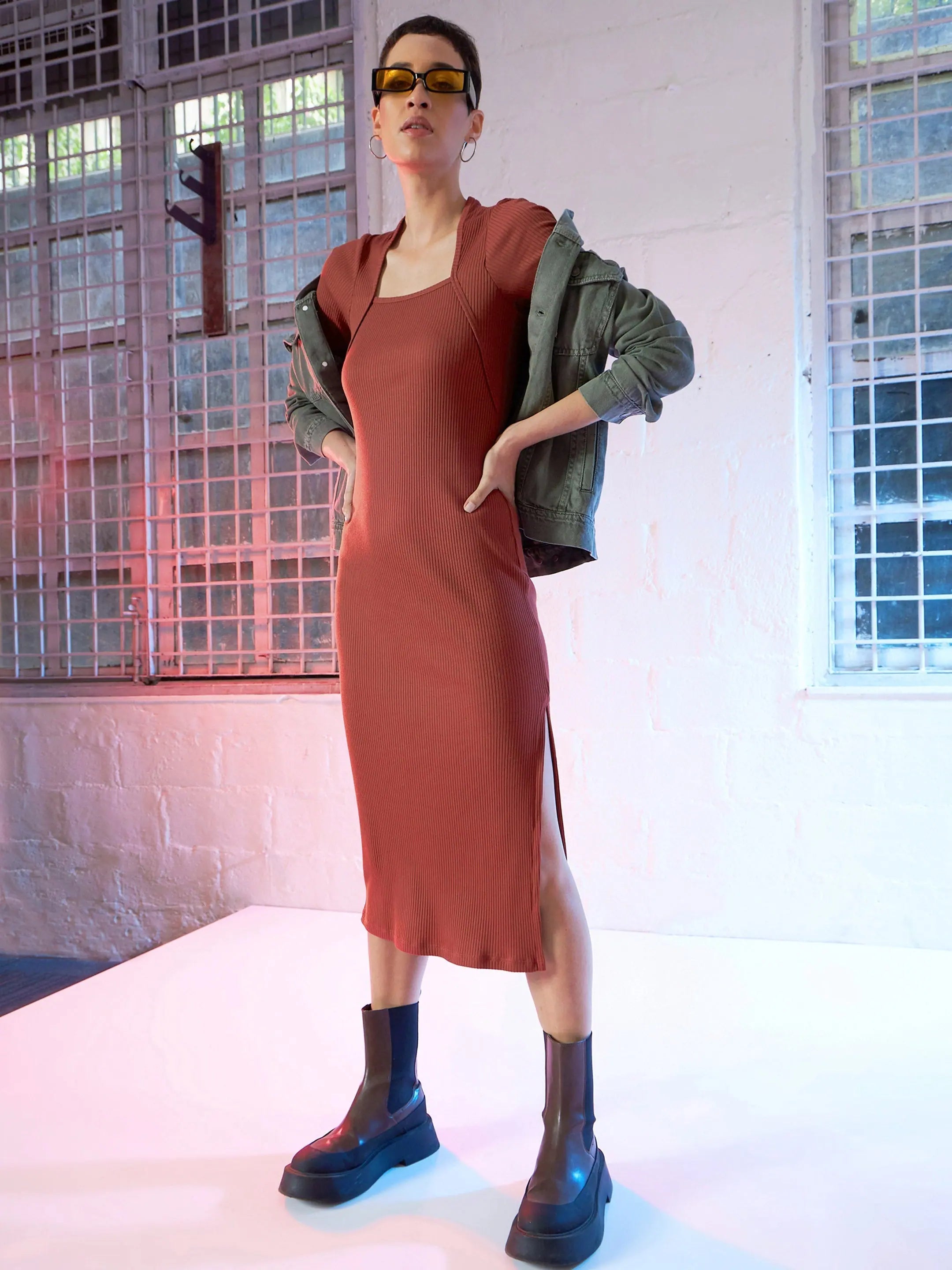 Rust Bodycon Dress | Women's Western Wear Ribbed Midi Dress