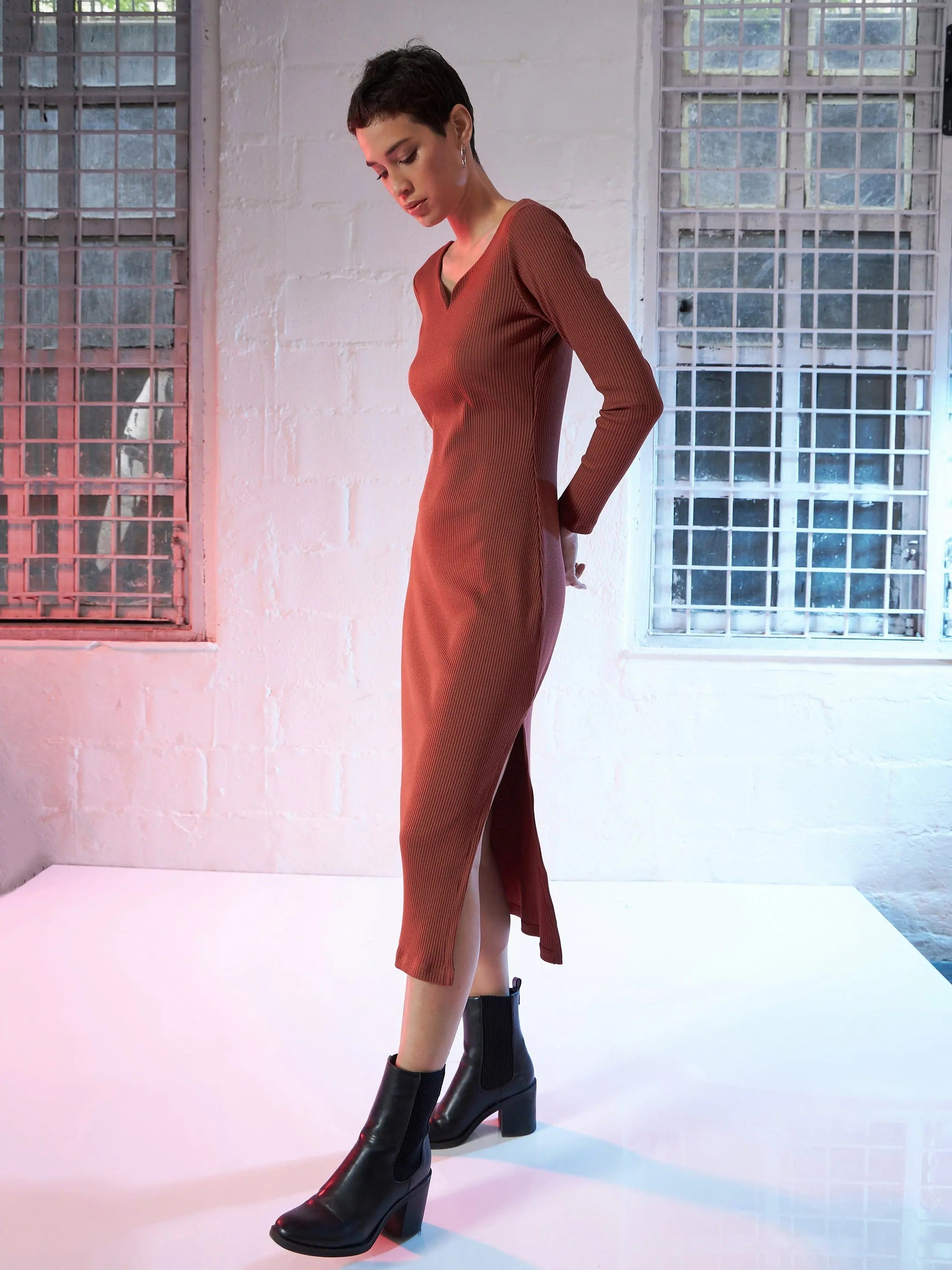 Rust Rib Midi Dress: Sweetheart Neck, Slim Fit Women's Lehenga