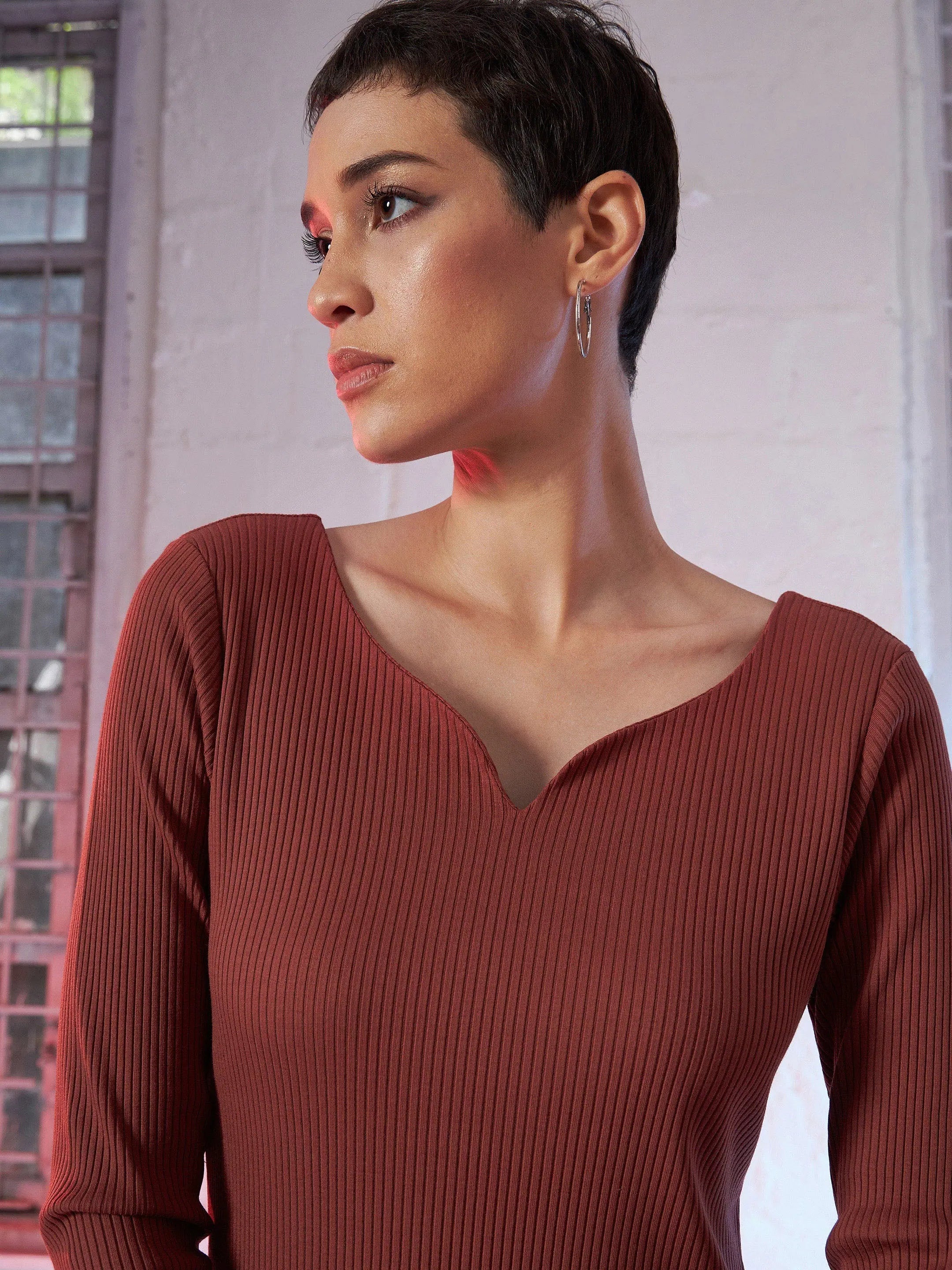 Rust Rib Midi Dress: Sweetheart Neck, Slim Fit Women's Lehenga