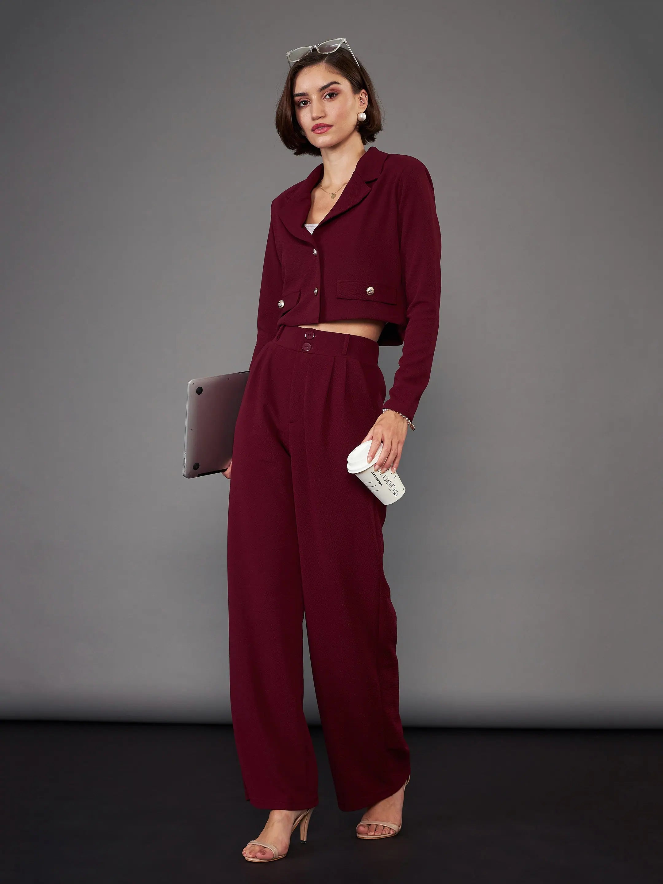 Burgundy Crop Blazer & Pleated Pants Set | Women's Two-Piece