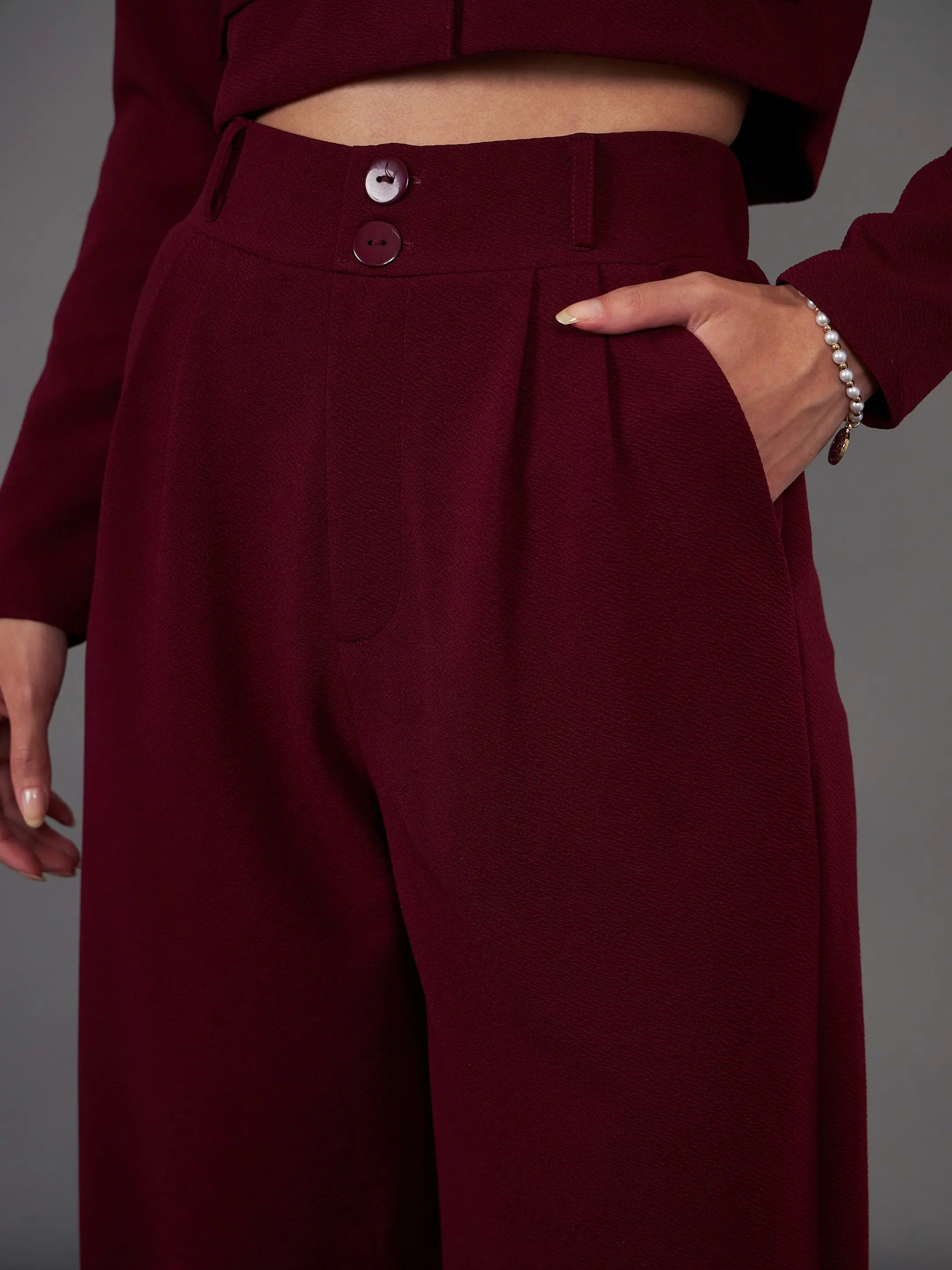 Burgundy Crop Blazer & Pleated Pants Set | Women's Two-Piece