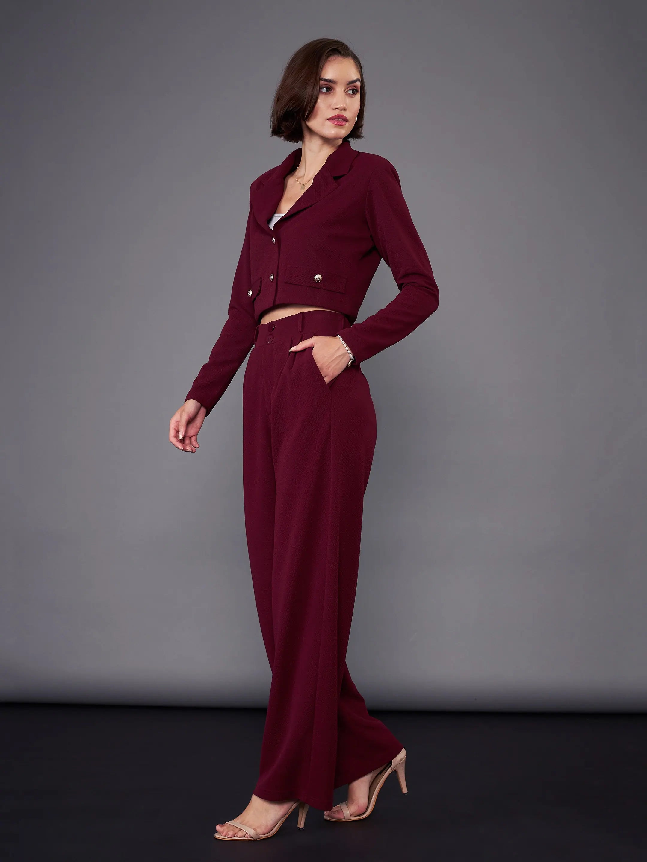 Burgundy Crop Blazer & Pleated Pants Set | Women's Two-Piece