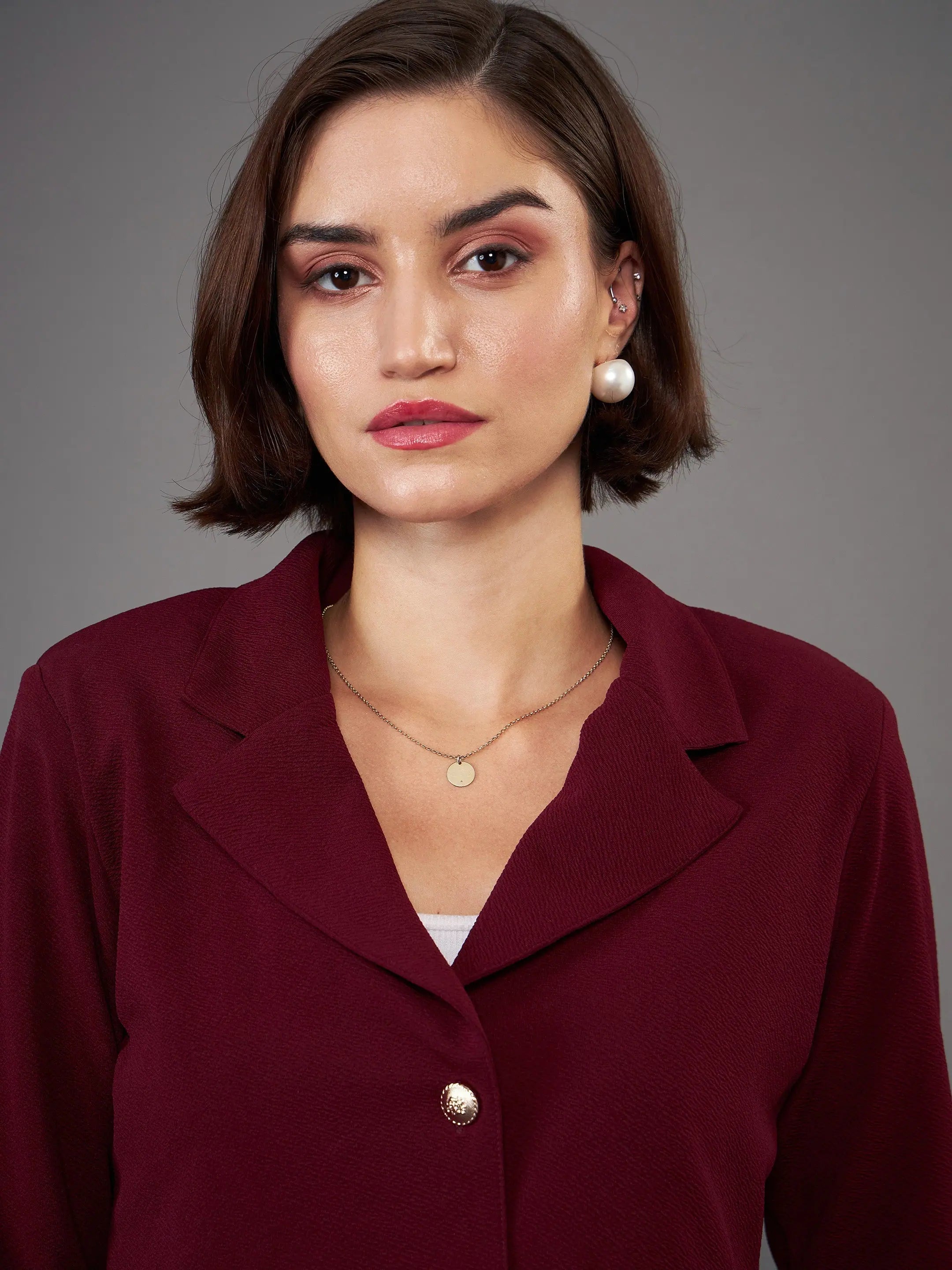 Burgundy Crop Blazer & Pleated Pants Set | Women's Two-Piece